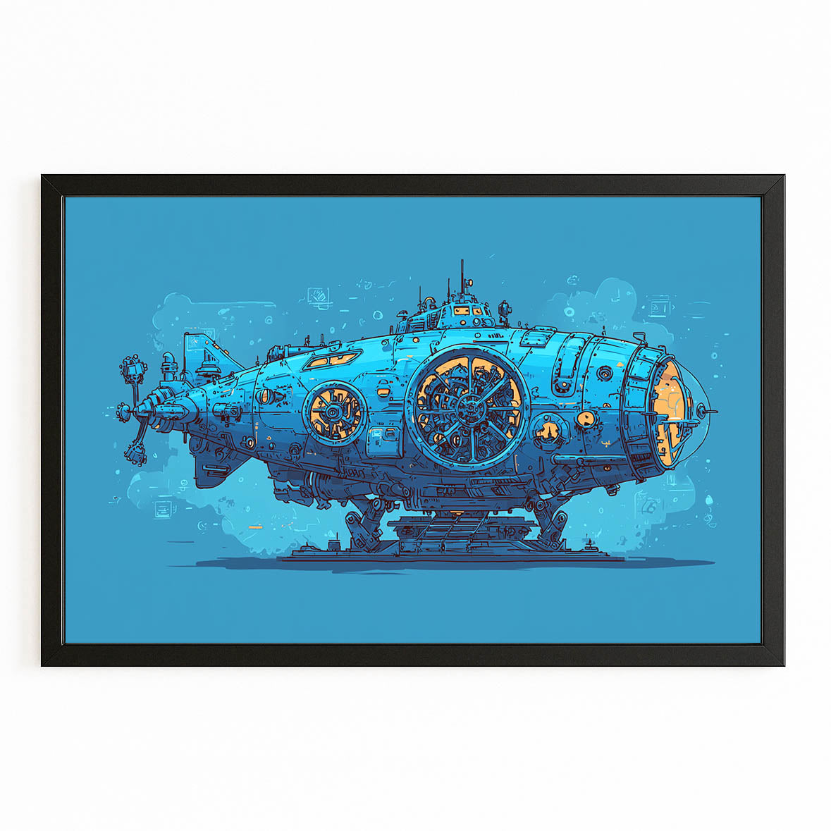 Blue Steam Submarine Steampunk Canvas – with Premium Black frame on white background