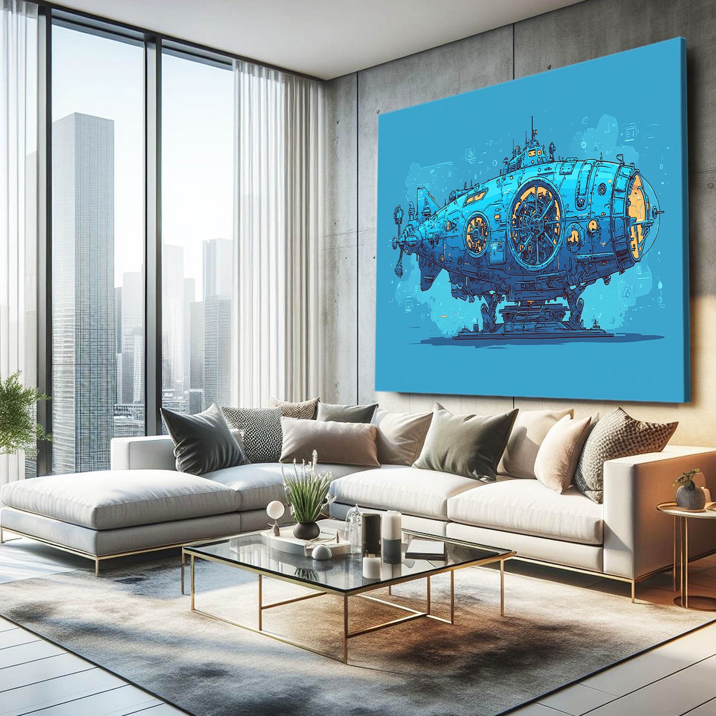 Blue Steam Submarine Steampunk Canvas – styled in a furnished interior