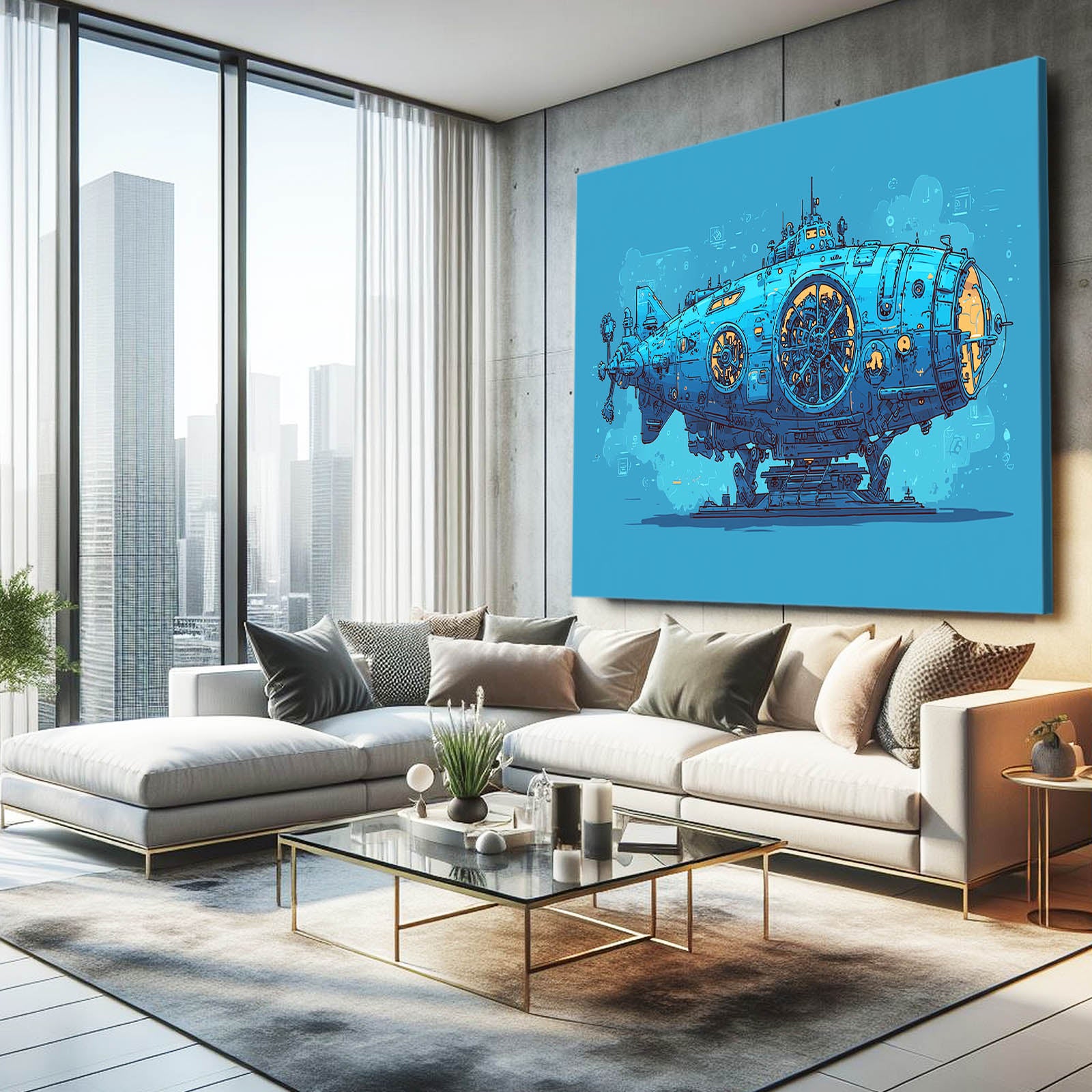 Blue Steam Submarine Steampunk Canvas – styled in a furnished interior