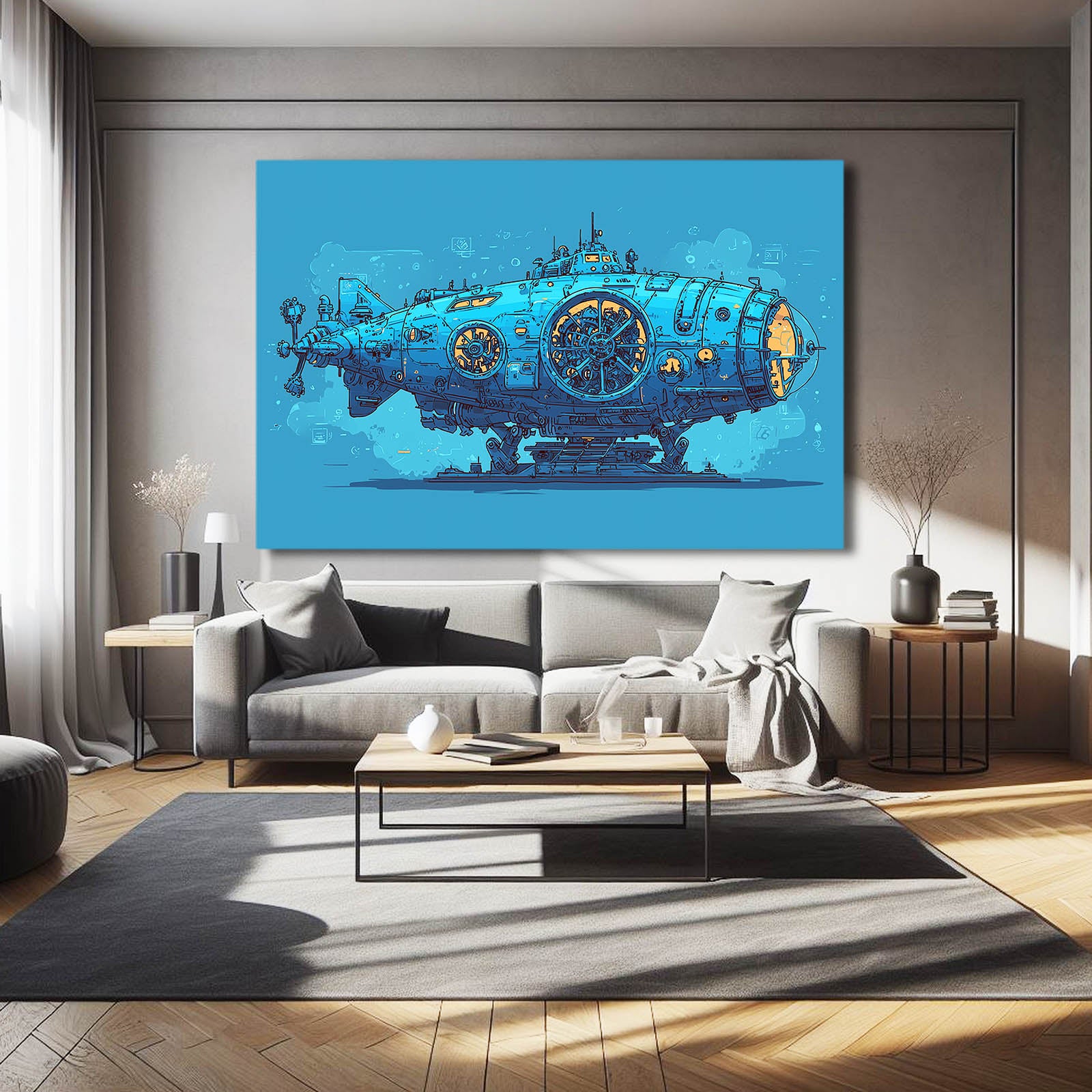 Blue Steam Submarine Steampunk Canvas – styled in a furnished interior