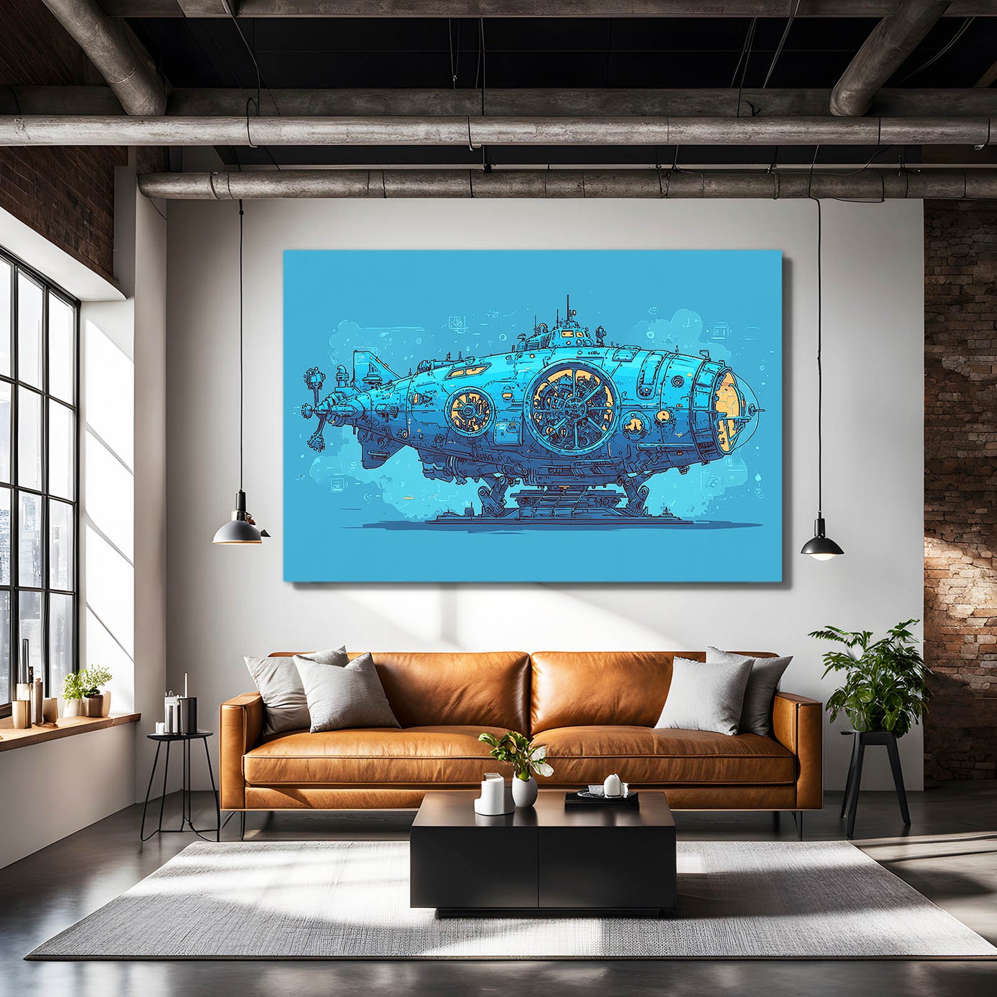 Blue Steam Submarine Steampunk Canvas – styled in a furnished interior