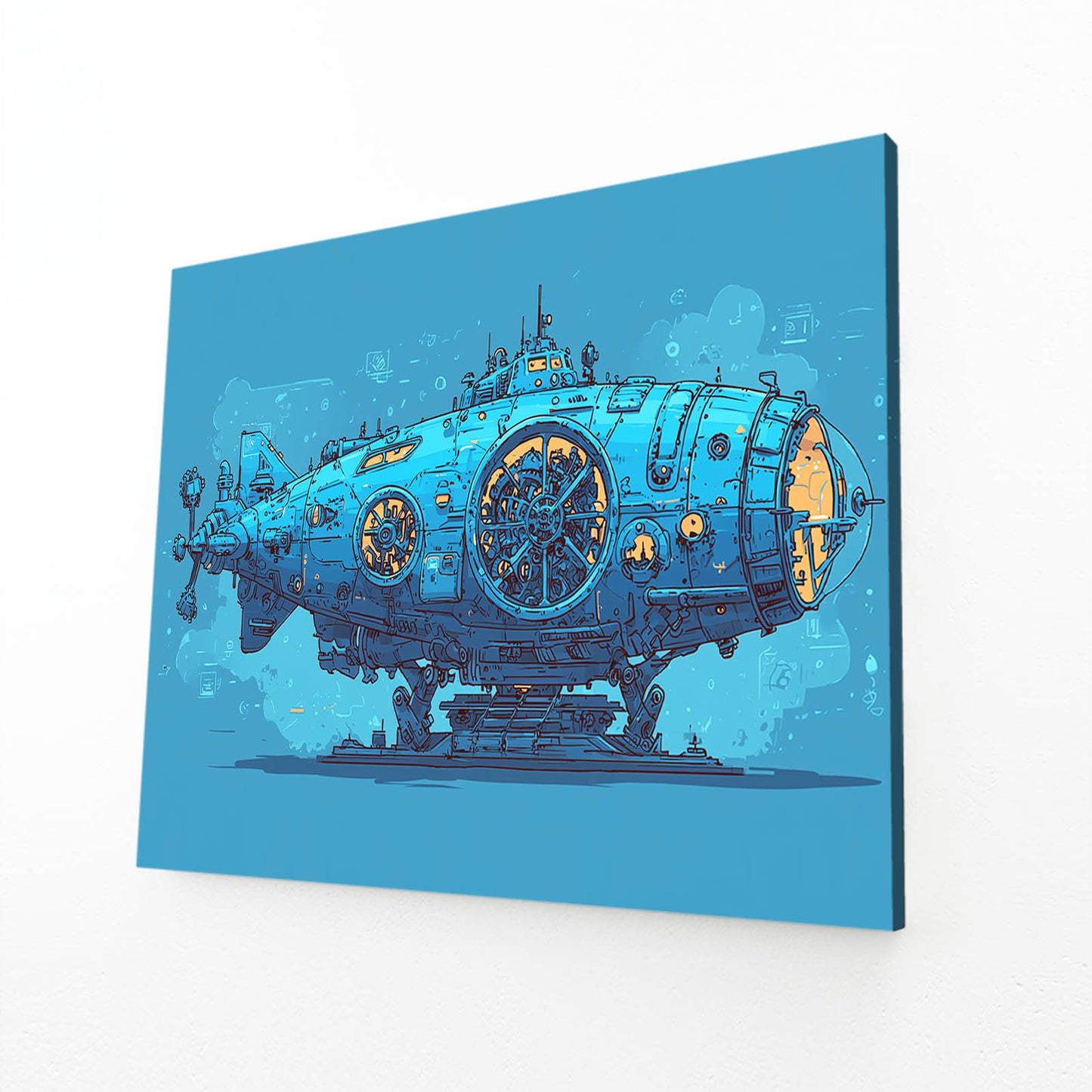 Blue Steam Submarine Steampunk Canvas – angled canvas view on white background