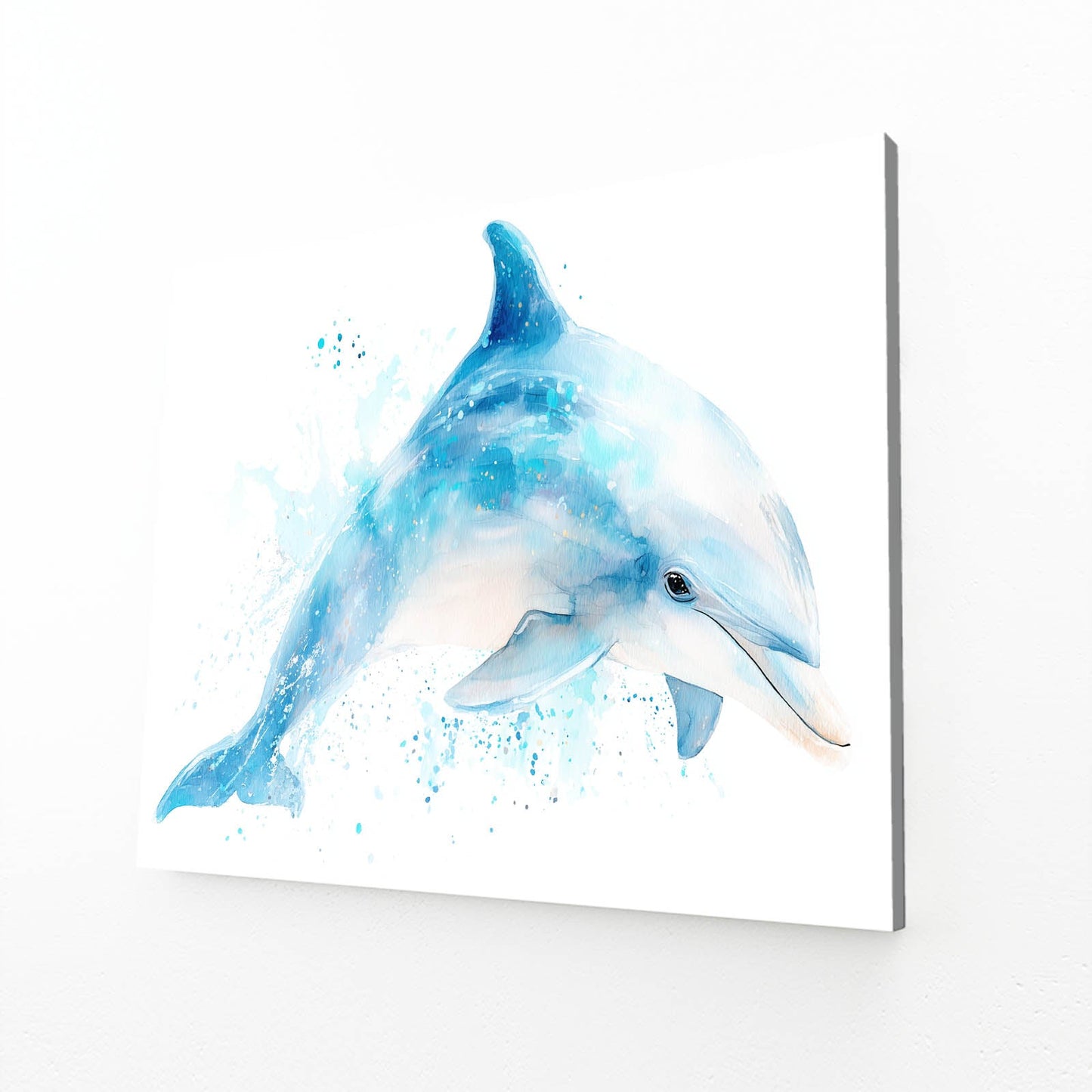 Blue Wash Leap Dolphin Art – angled canvas view on white background