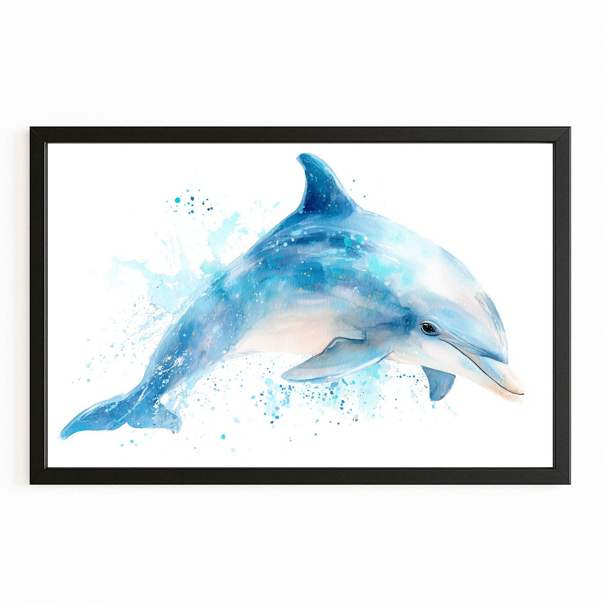 Blue Wash Leap Dolphin Art – with Premium Black wood frame on white background