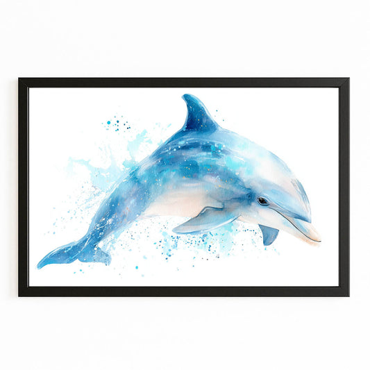 Blue Wash Leap Dolphin Art – with Premium Black wood frame on white background