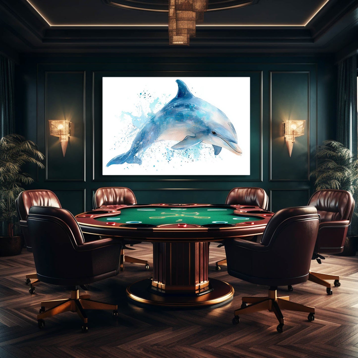 Blue Wash Leap Dolphin Art – styled in a furnished interior