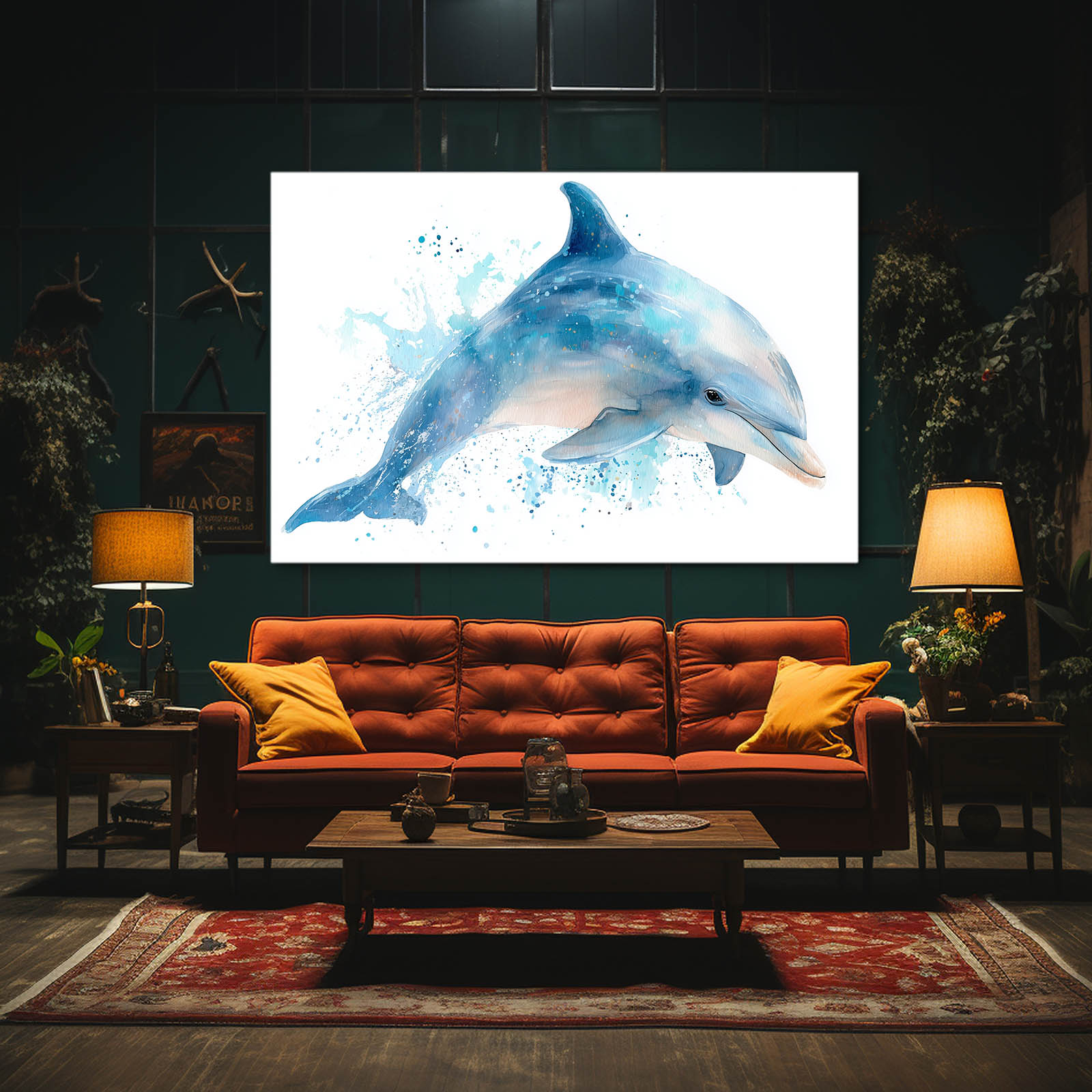 Blue Wash Leap Dolphin Art – styled in a furnished interior