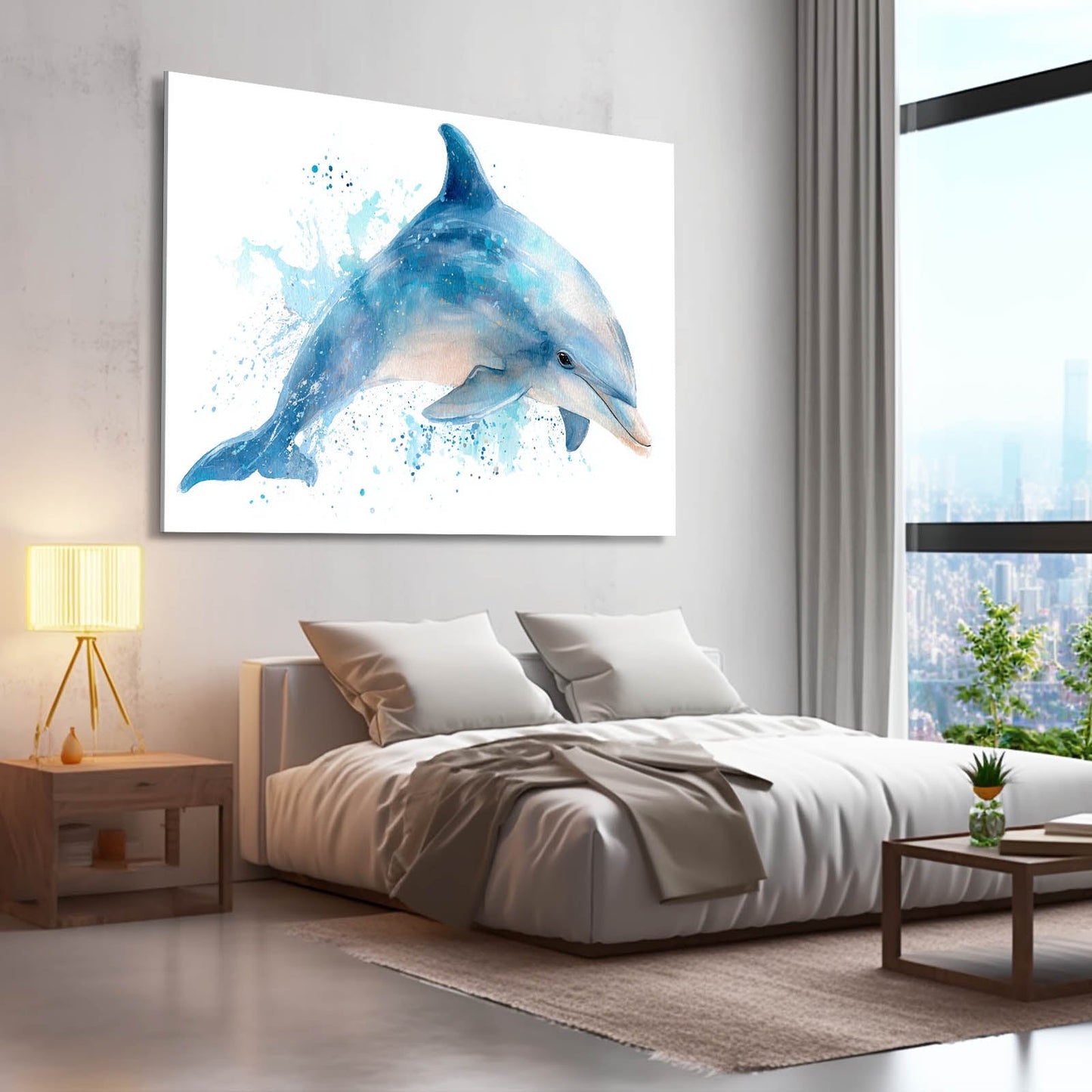 Blue Wash Leap Dolphin Art – styled in a furnished interior