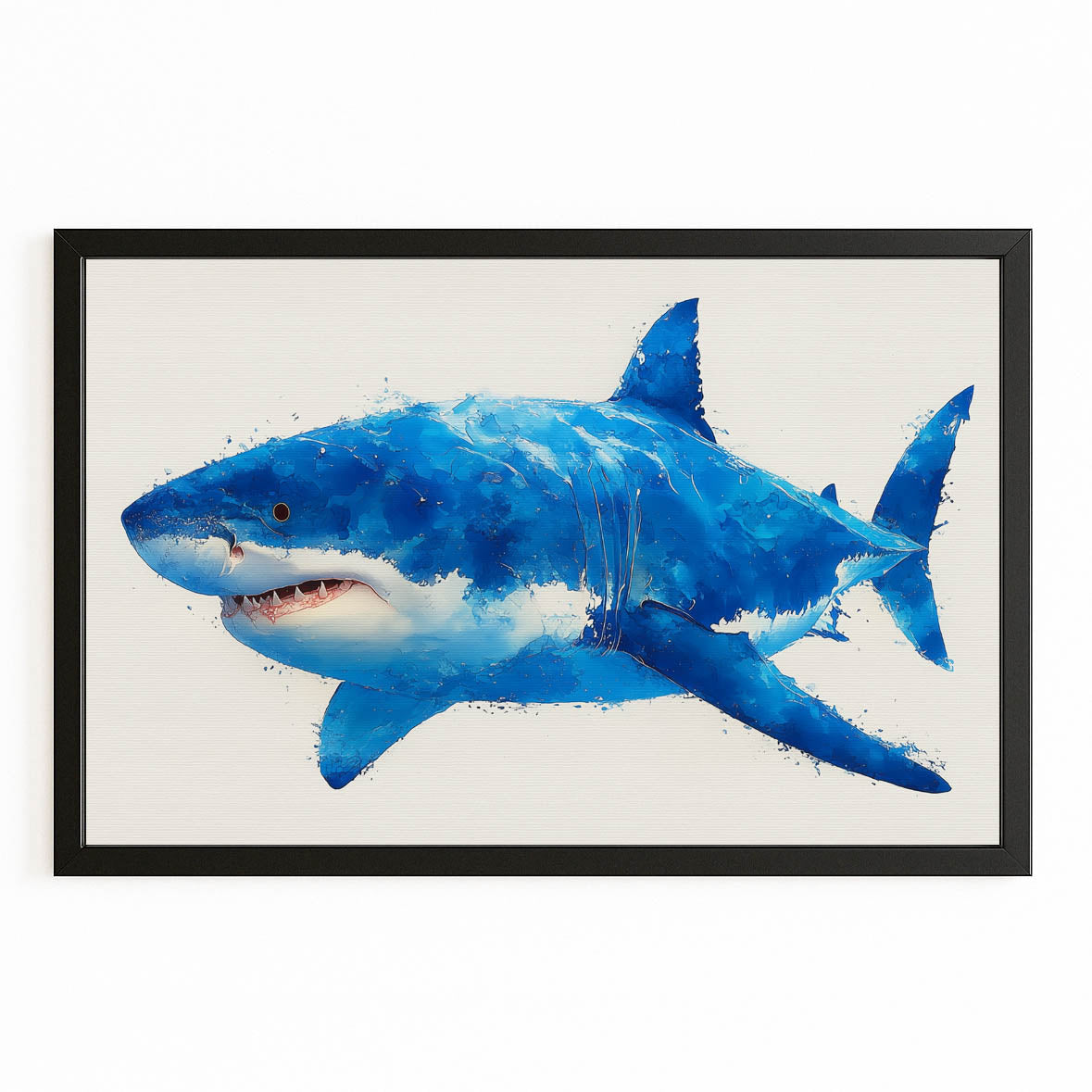 Blue Watercolor Shark Prints – with Premium Black frame on white background