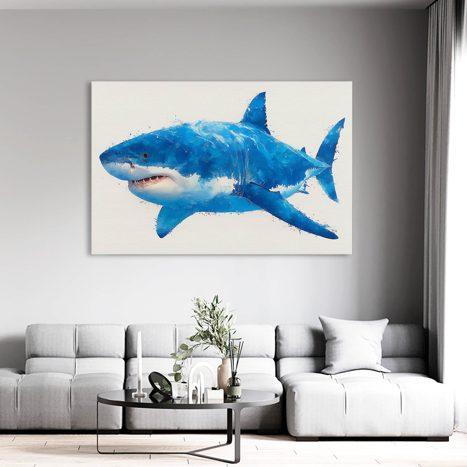 Blue Watercolor Shark Prints – styled in a furnished interior