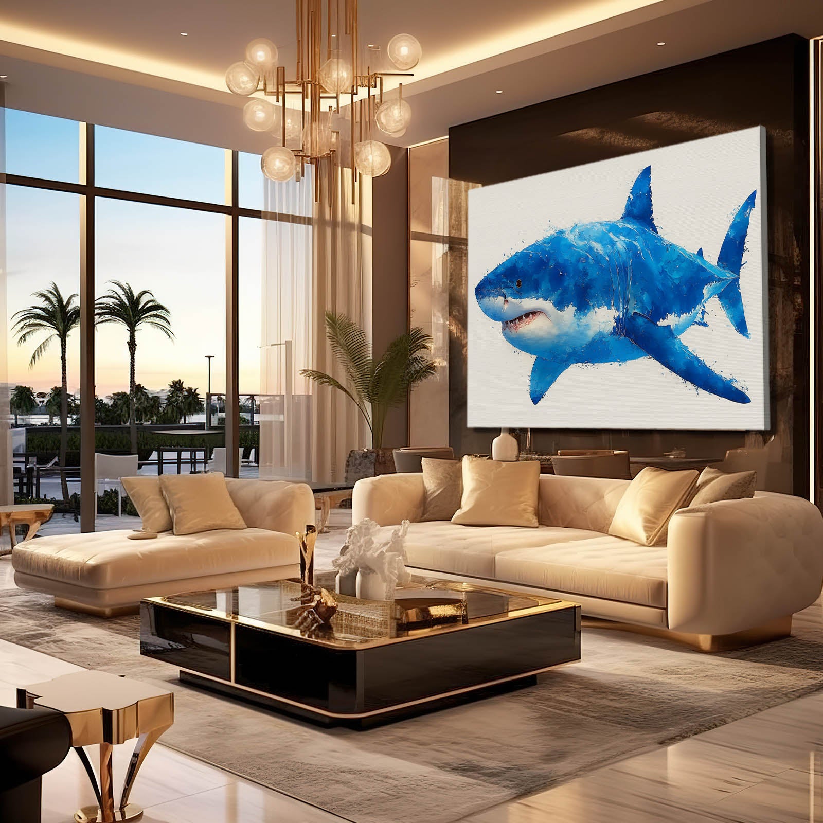 Blue Watercolor Shark Prints – styled in a furnished interior