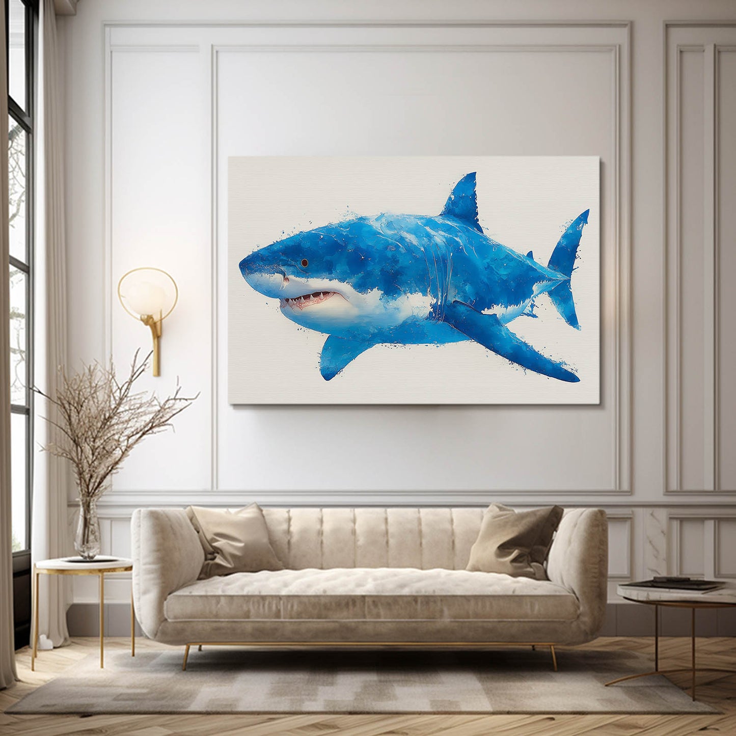 Blue Watercolor Shark Prints – styled in a furnished interior