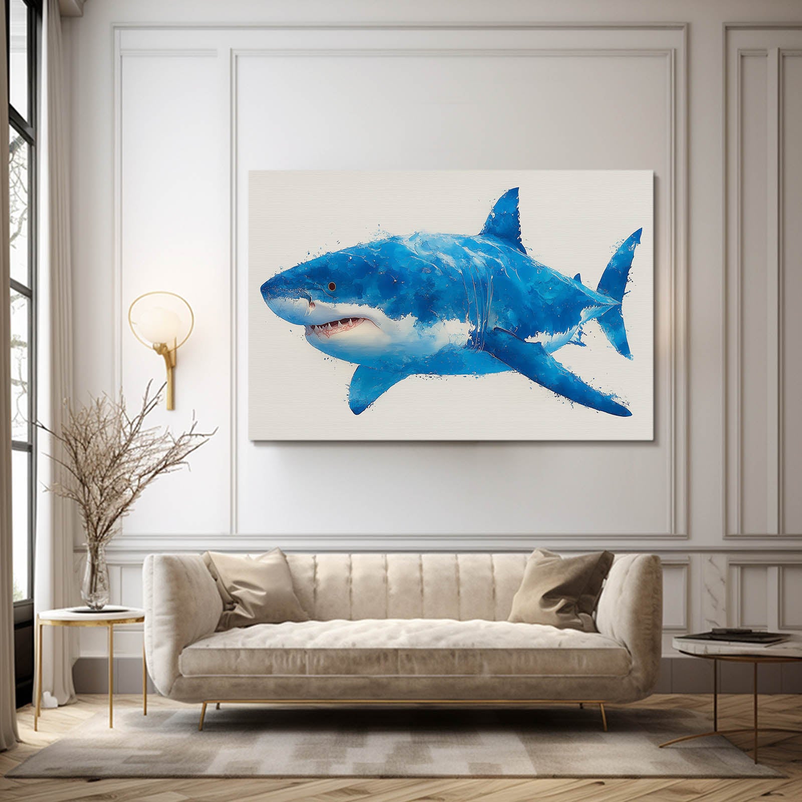 Blue Watercolor Shark Prints – styled in a furnished interior