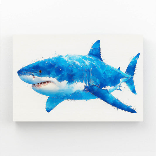 Blue Watercolor Shark Prints – angled canvas view on white background