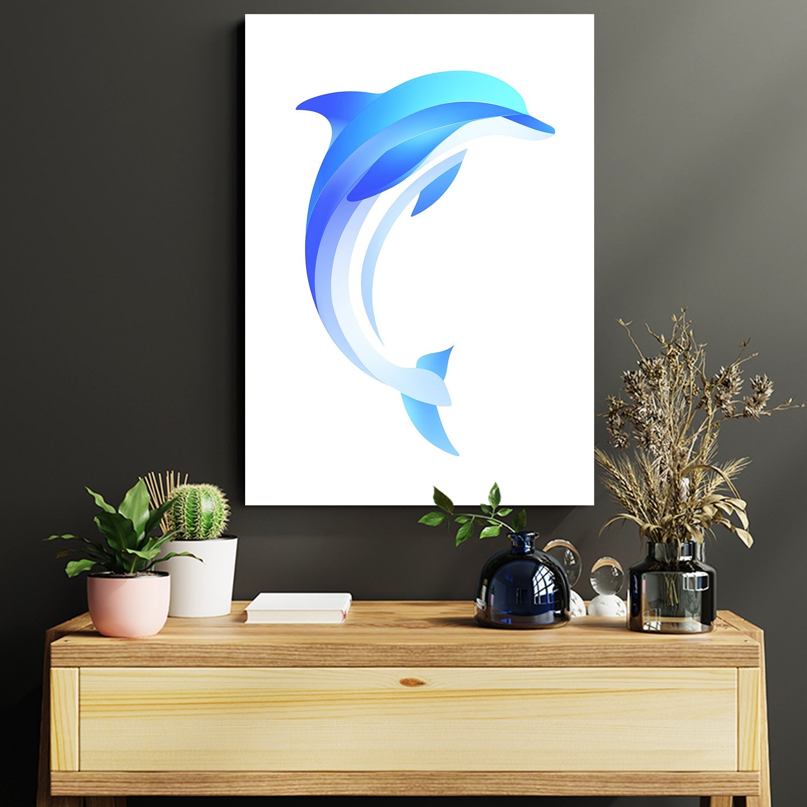 Blue Wave Duo Dolphin Art – styled in a furnished interior