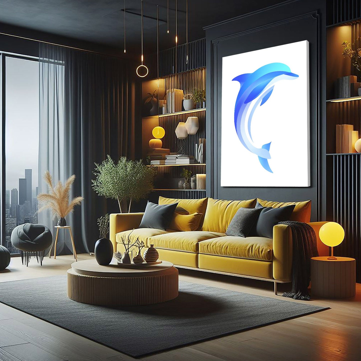 Blue Wave Duo Dolphin Art – styled in a furnished interior