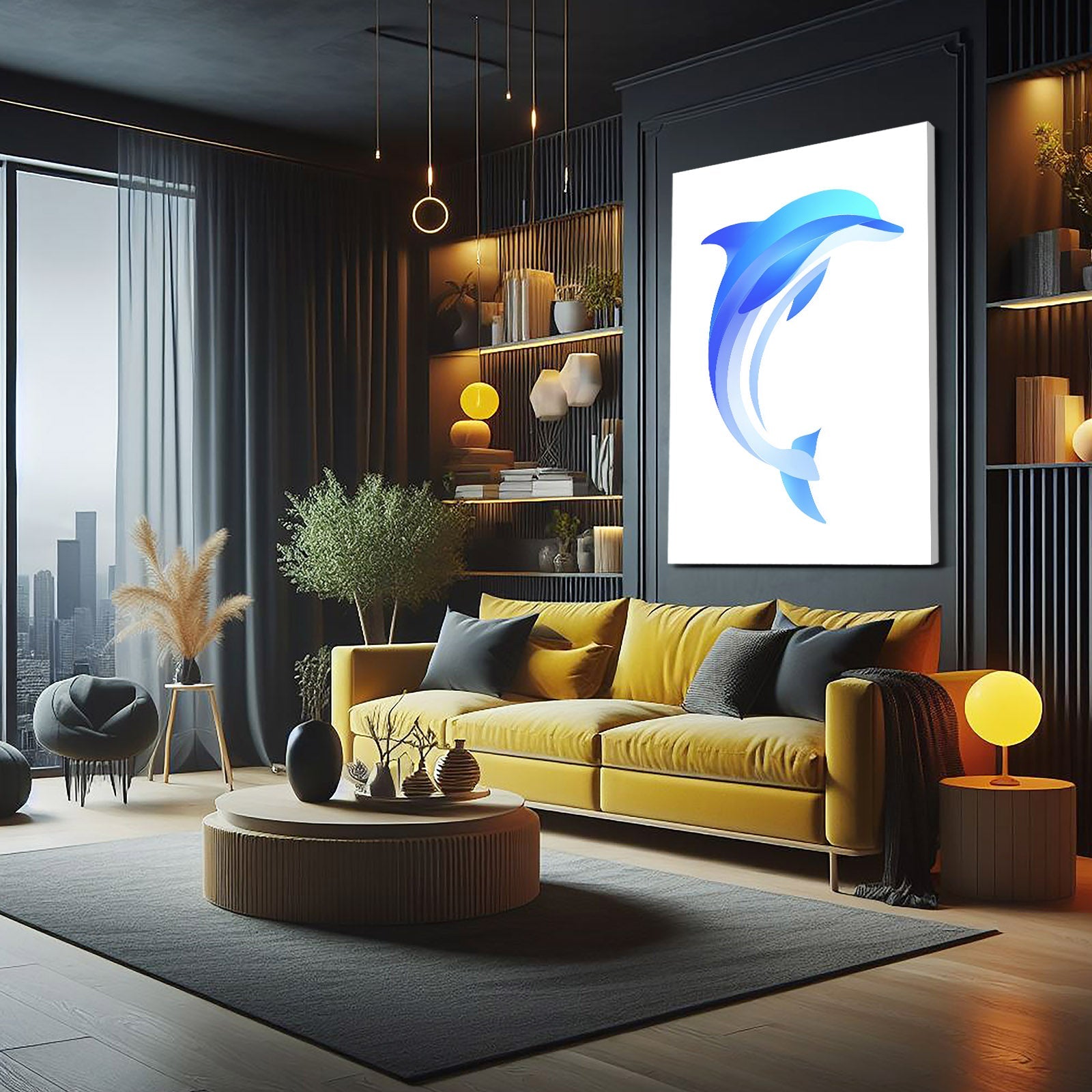 Blue Wave Duo Dolphin Art – styled in a furnished interior