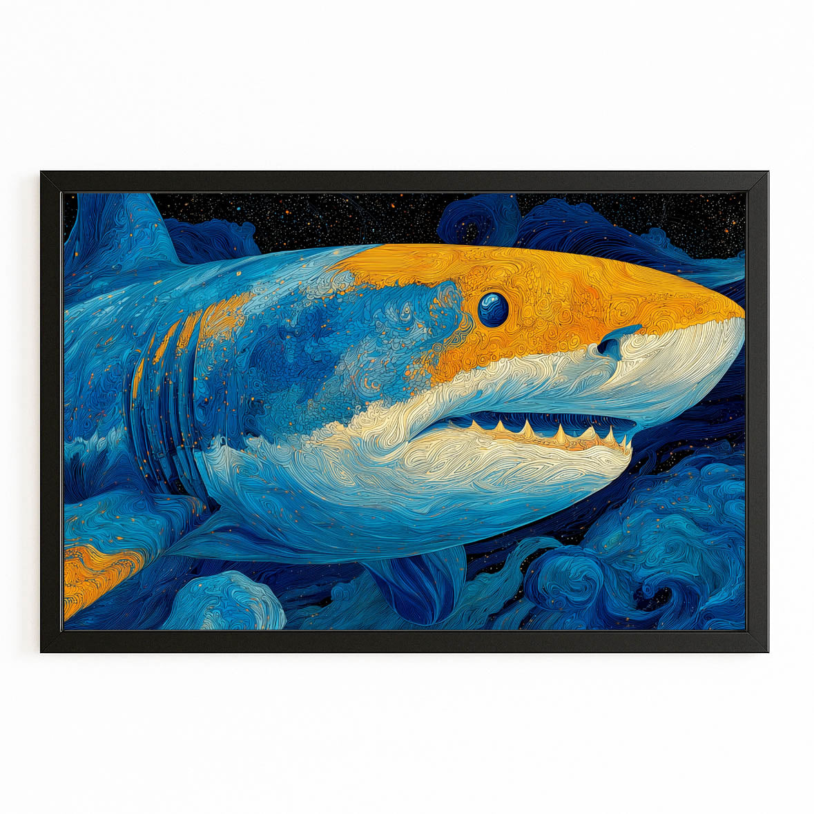 Blue Yellow Painterly Shark Wall Decor – with Premium Black frame on white background