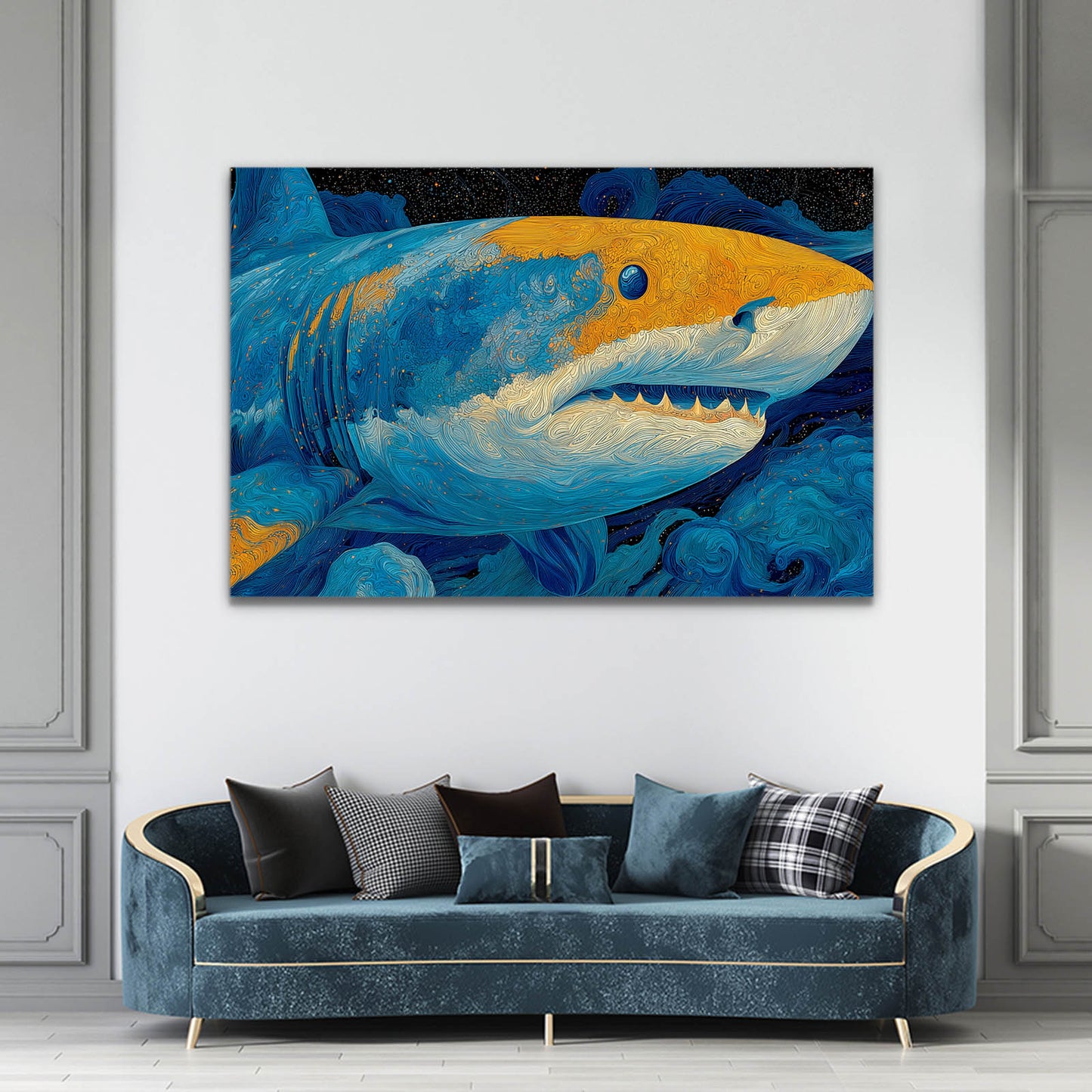 Blue Yellow Painterly Shark Wall Decor – styled in a furnished interior
