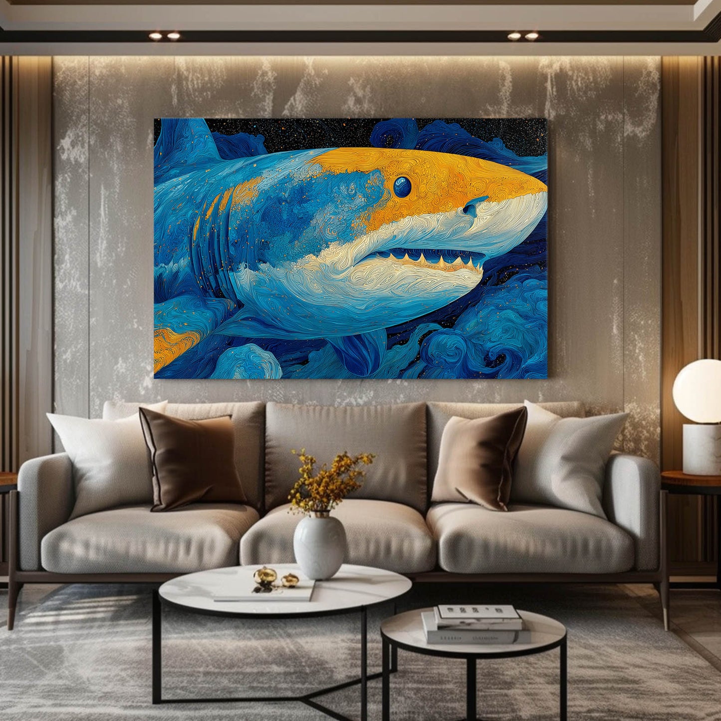 Blue Yellow Painterly Shark Wall Decor – styled in a furnished interior