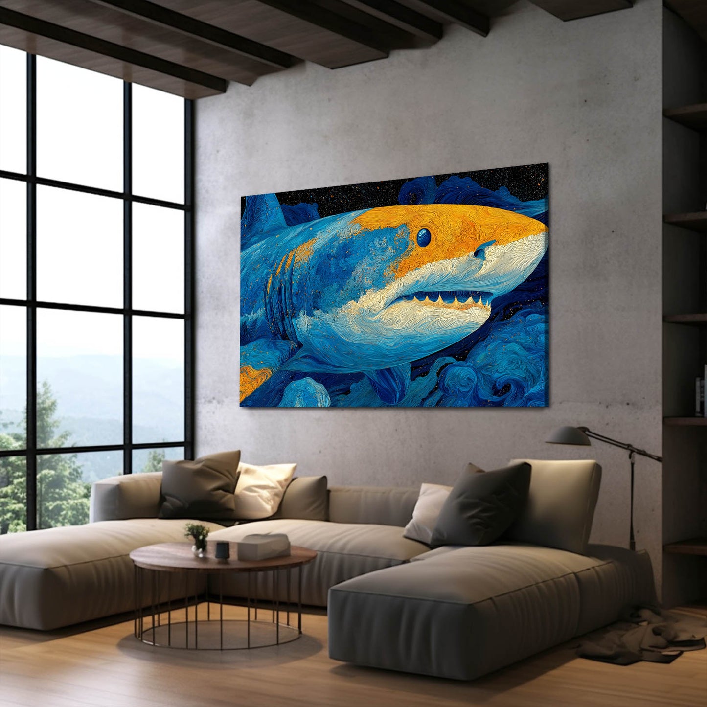 Blue Yellow Painterly Shark Wall Decor – styled in a furnished interior