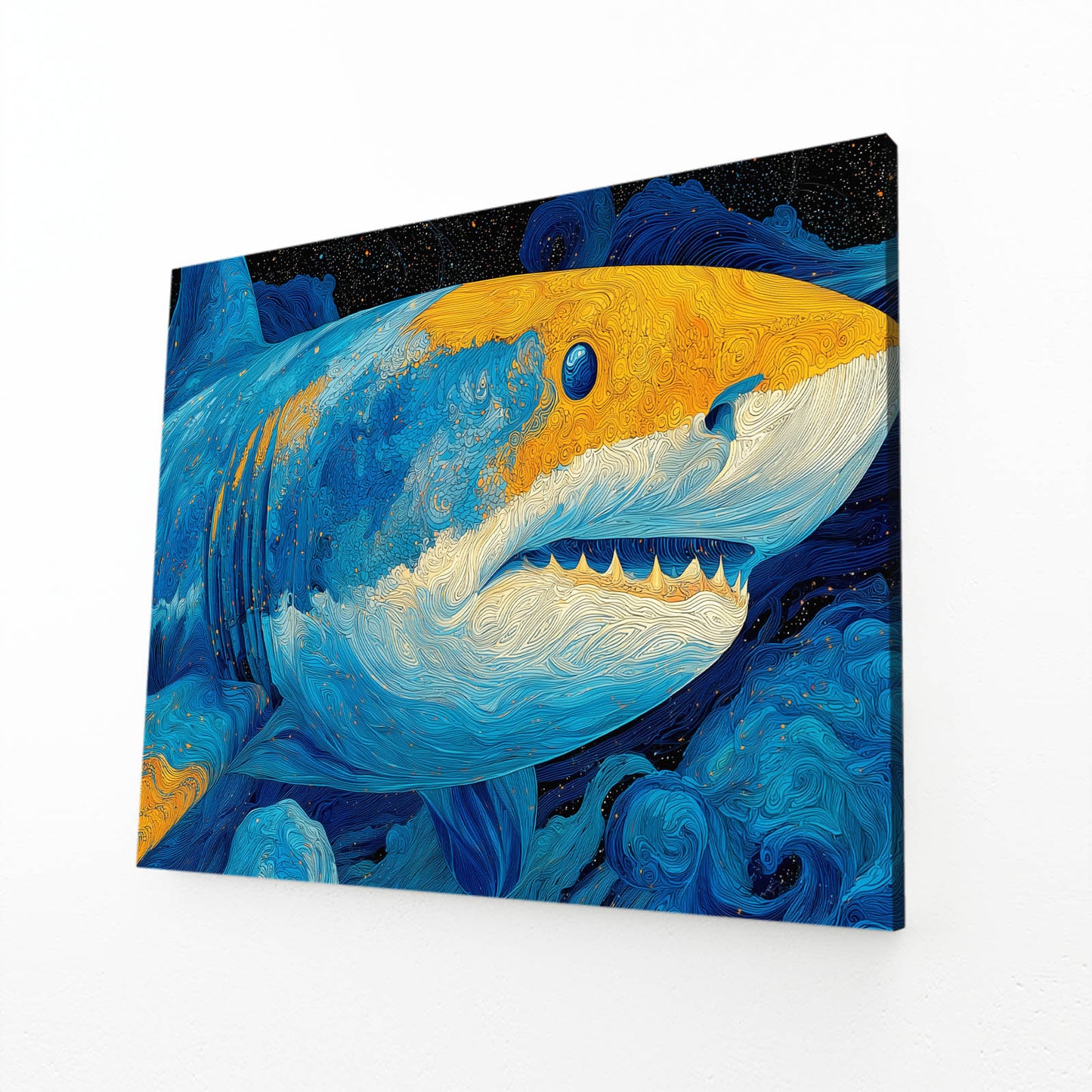 Blue Yellow Painterly Shark Wall Decor – angled canvas view on white background