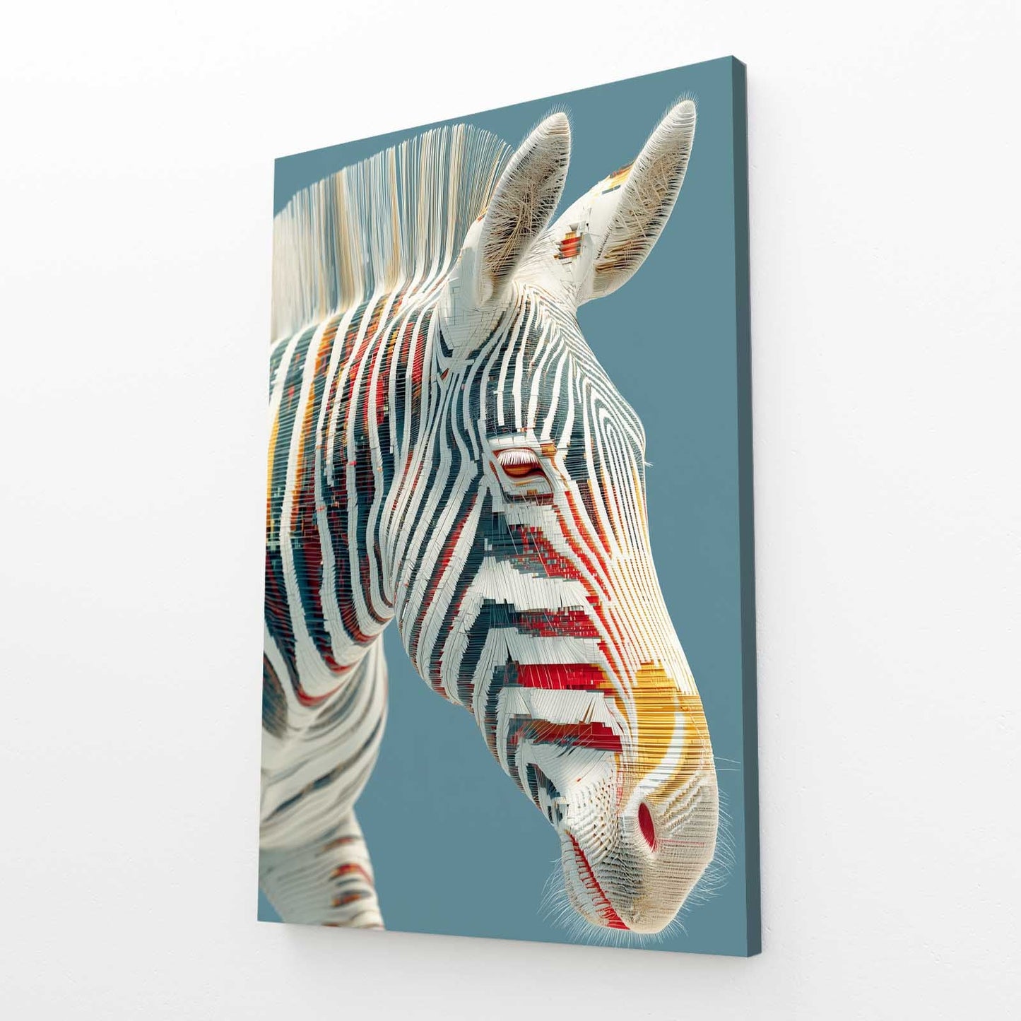 Blue Zebra Art – angled canvas view on white background