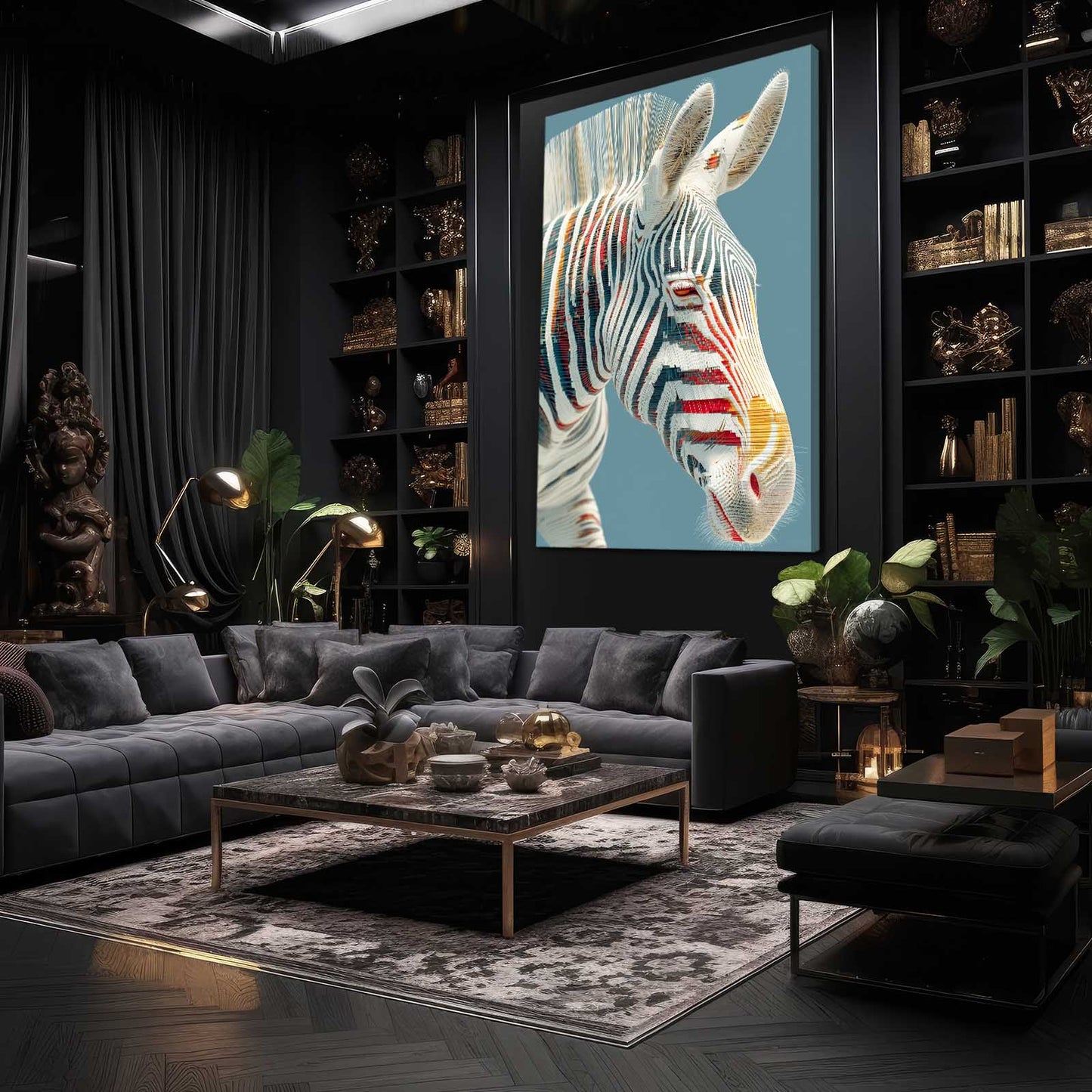 Blue Zebra Art – styled in a furnished interior