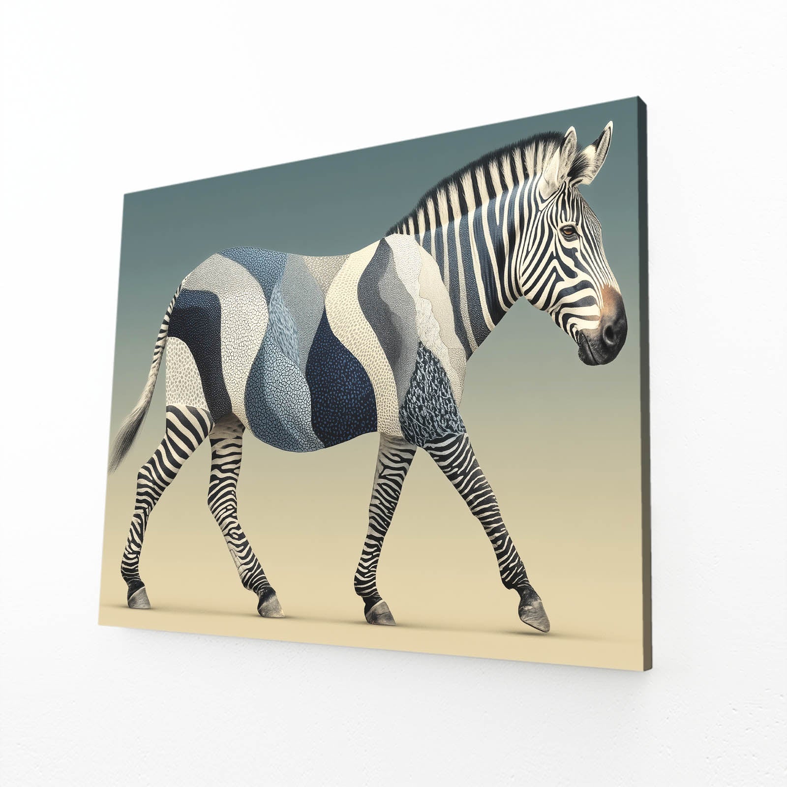 Blue Zebra Artwork – angled canvas view on white background