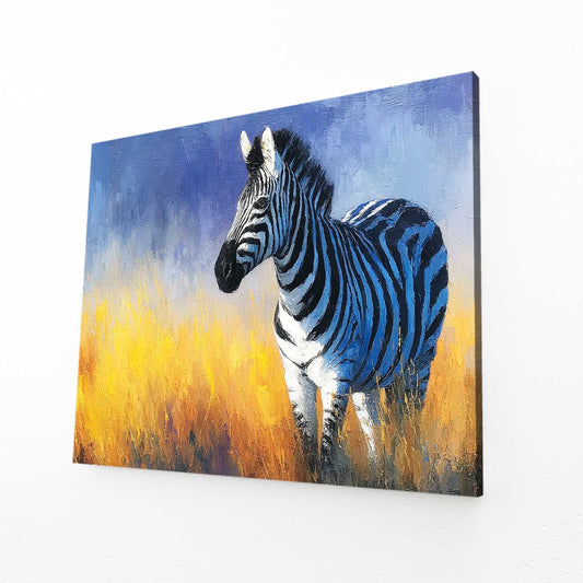 Blue Zebra Wall Art – angled canvas view on white background
