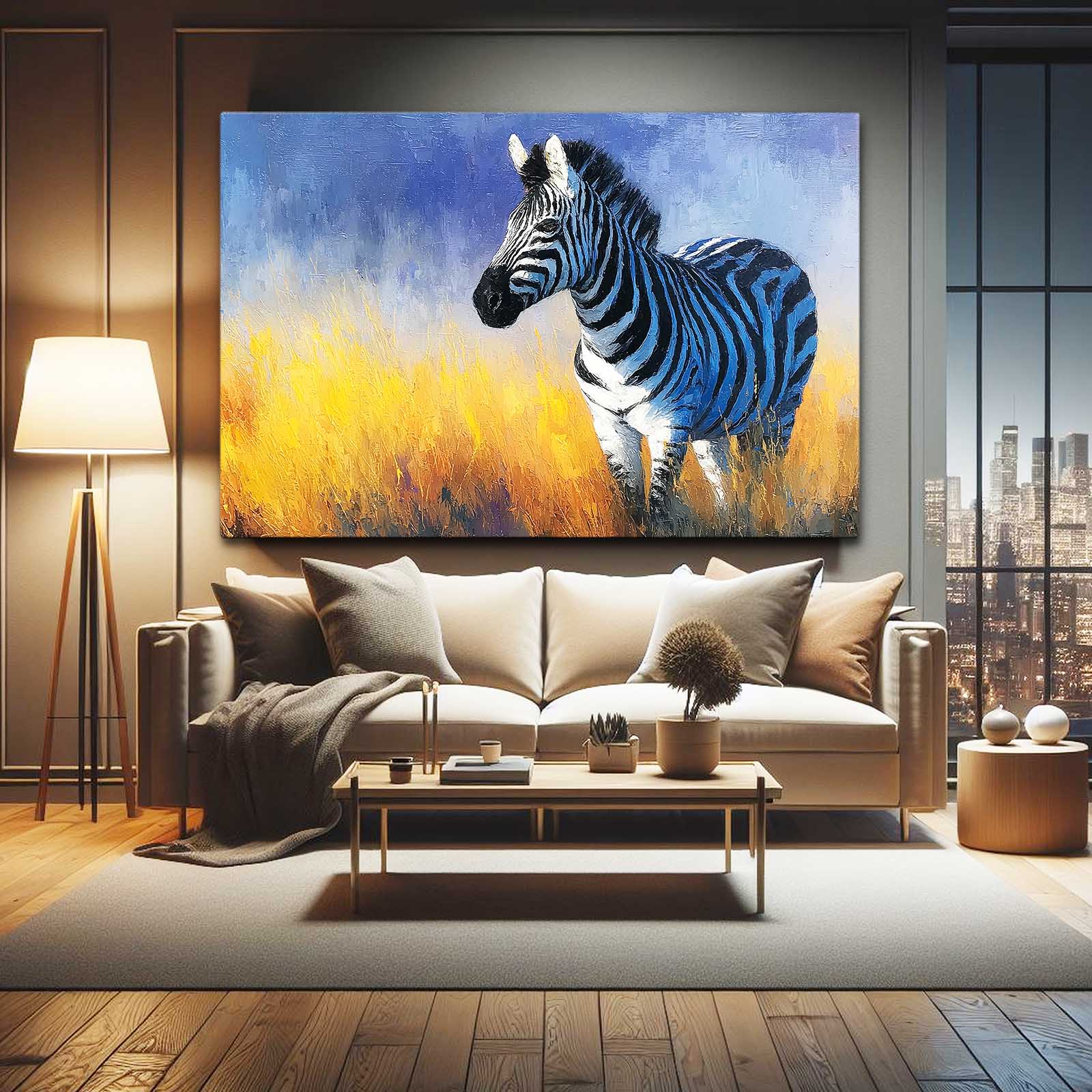 Blue Zebra Wall Art – styled in a furnished interior