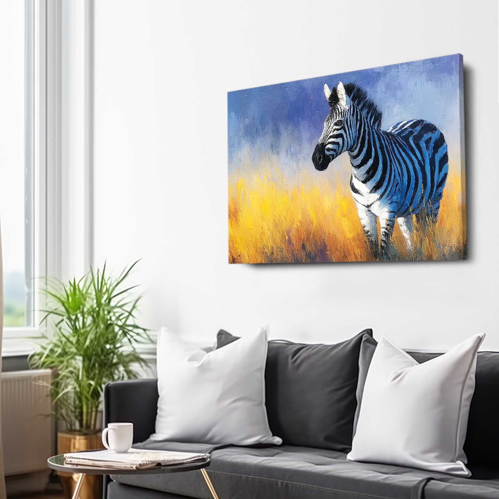 Blue Zebra Wall Art – styled in a furnished interior