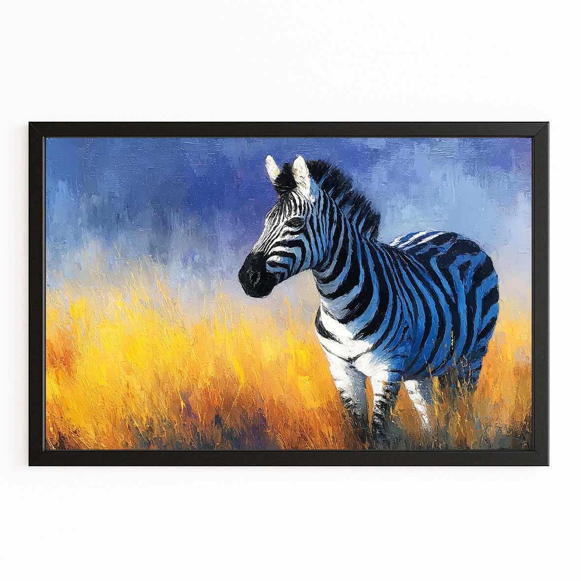Blue Zebra Wall Art – with Premium Black frame on white background