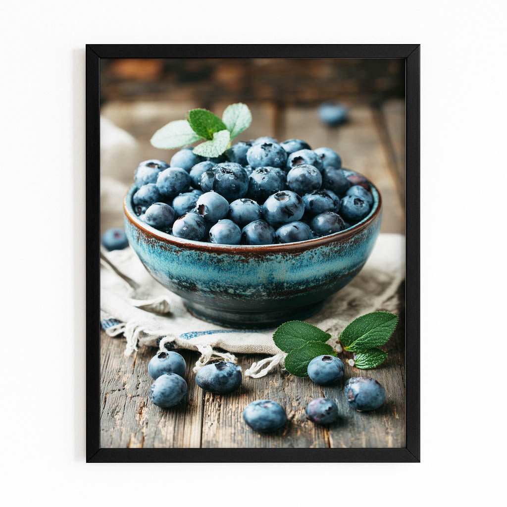 Blueberry Bowl Rustic Fruit Wall Decor – with Premium Black frame on white background