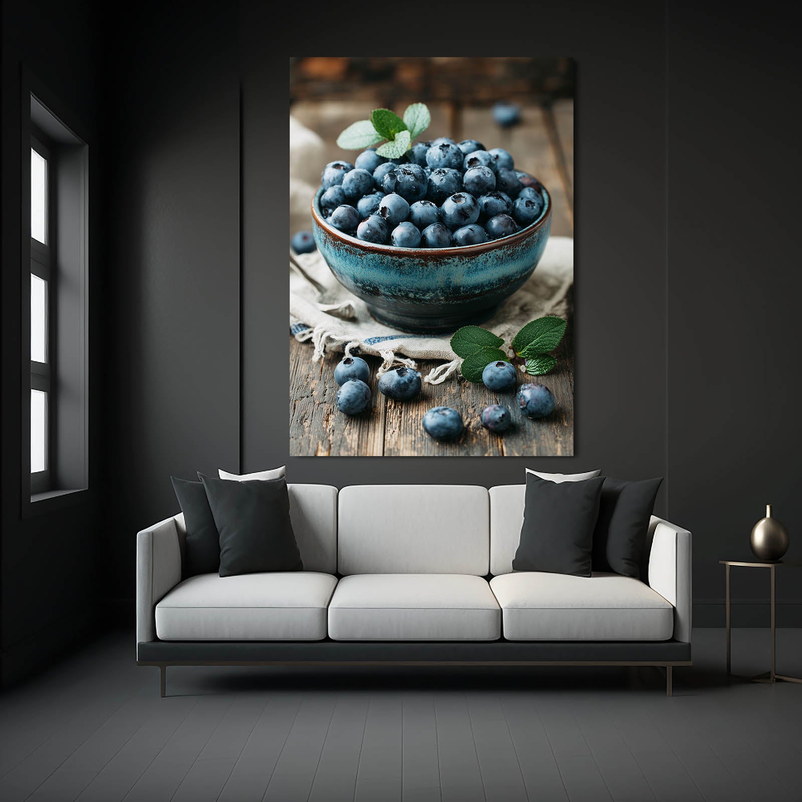 Blueberry Bowl Rustic Fruit Wall Decor – styled in a furnished interior