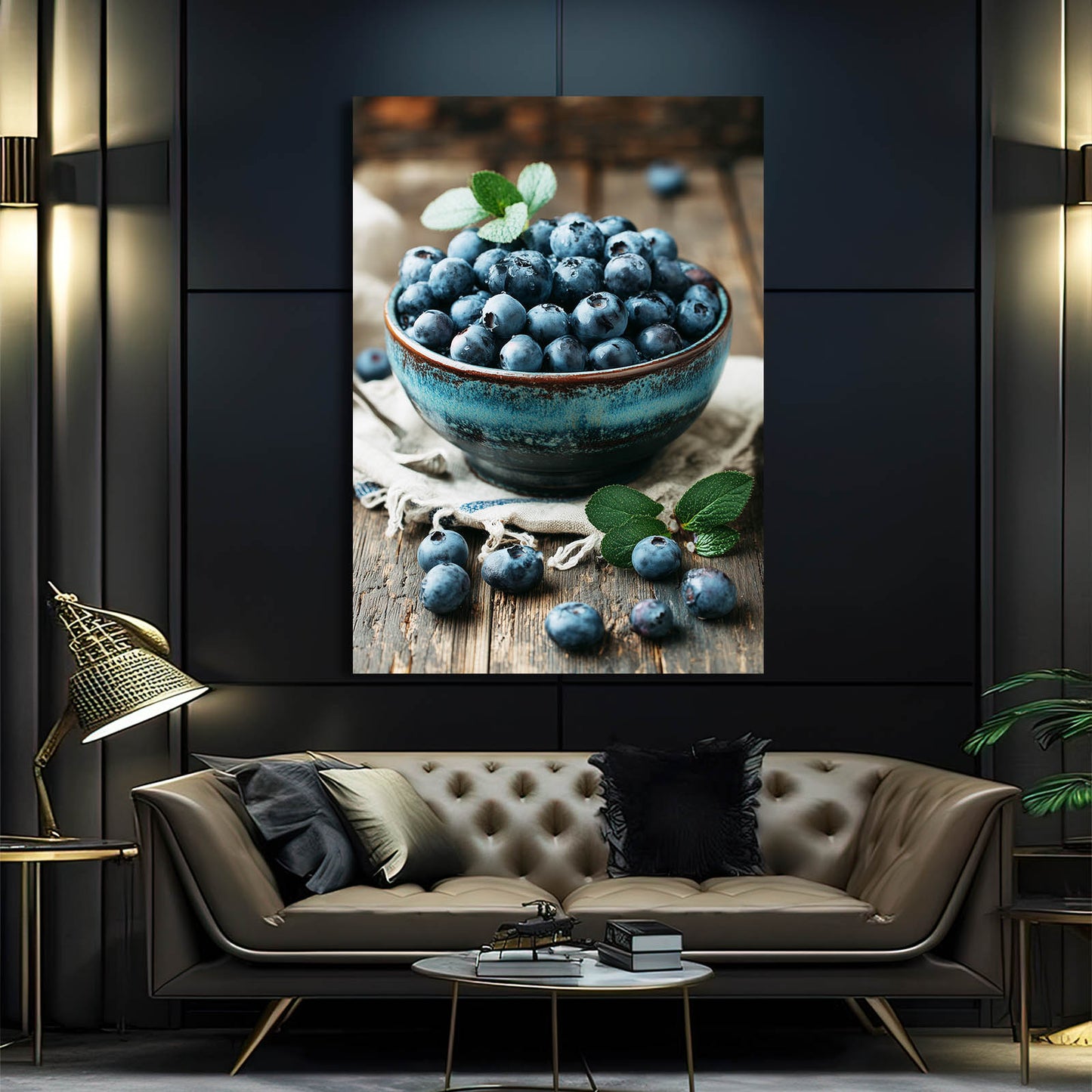 Blueberry Bowl Rustic Fruit Wall Decor – styled in a furnished interior