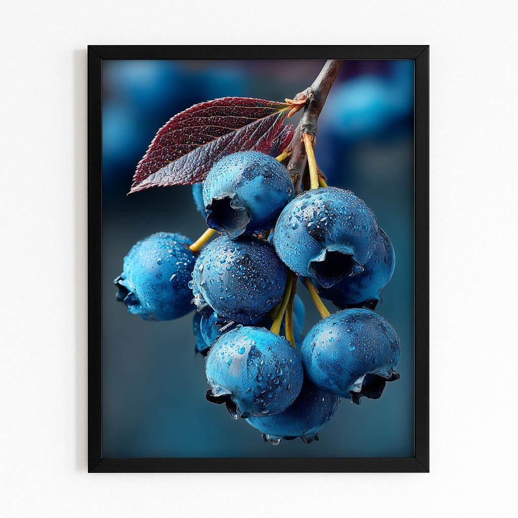 Blueberry Branch Blue Fruit Art – with Premium Black frame on white background