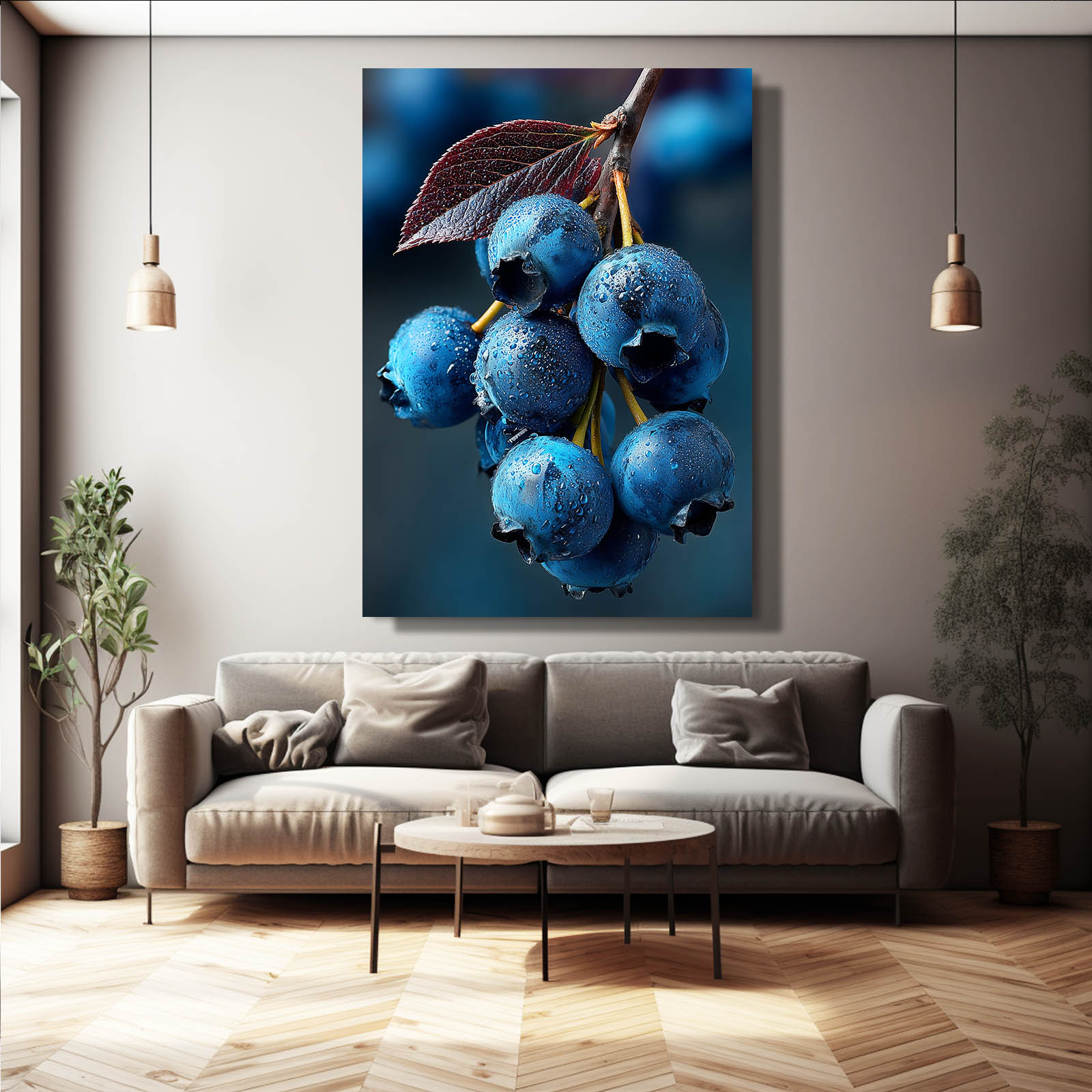 Blueberry Branch Blue Fruit Art – styled in a furnished interior