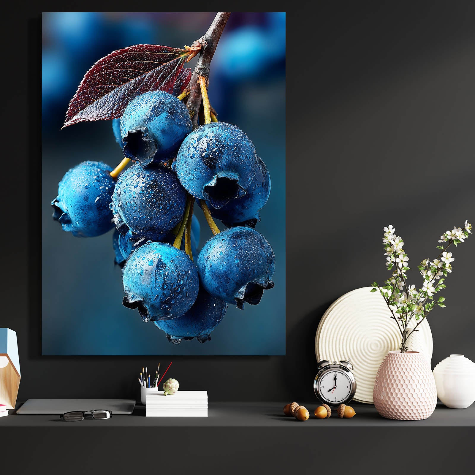 Blueberry Branch Blue Fruit Art – styled in a furnished interior