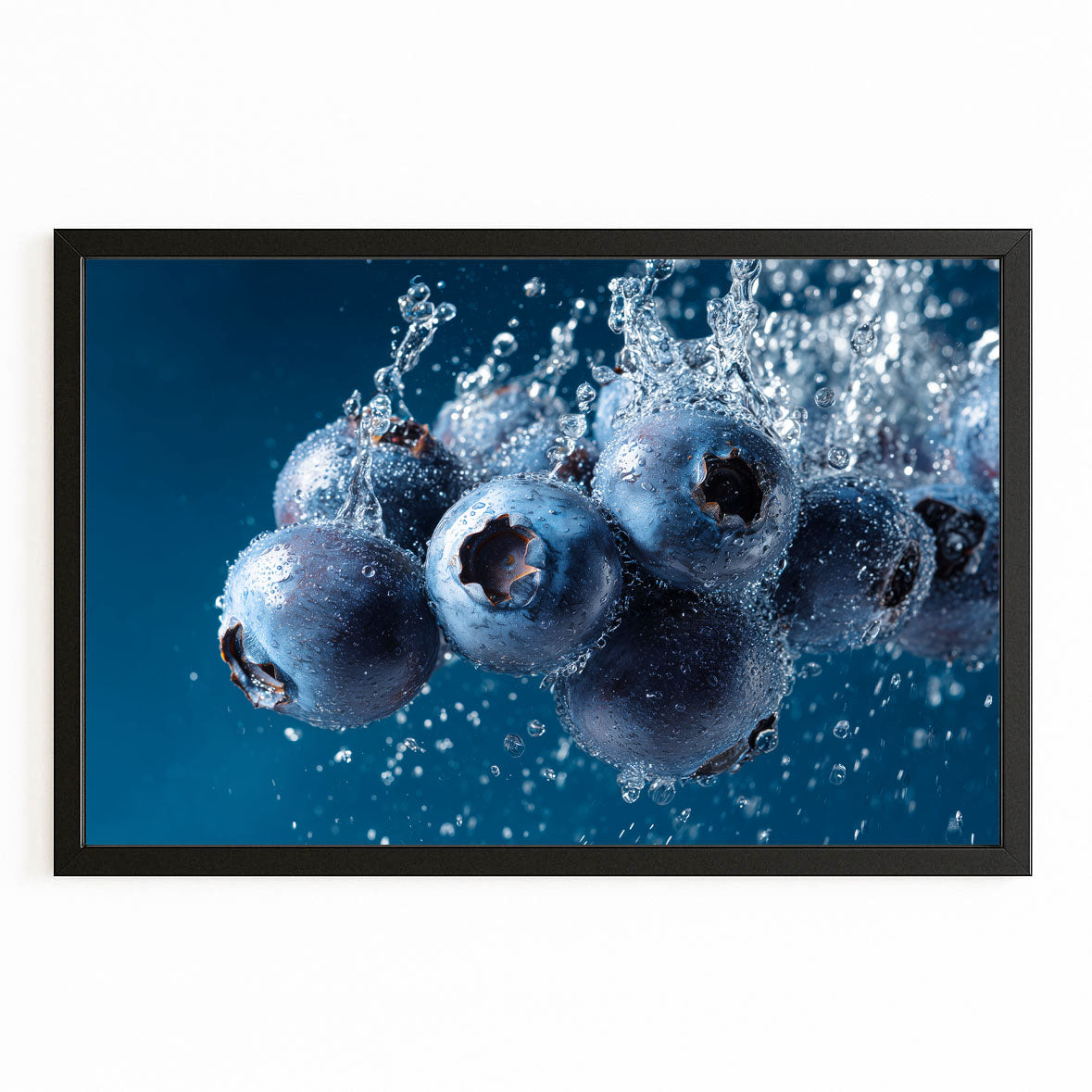 Blueberry Water Splash Fruit Wall Decor – with Premium Black frame on white background