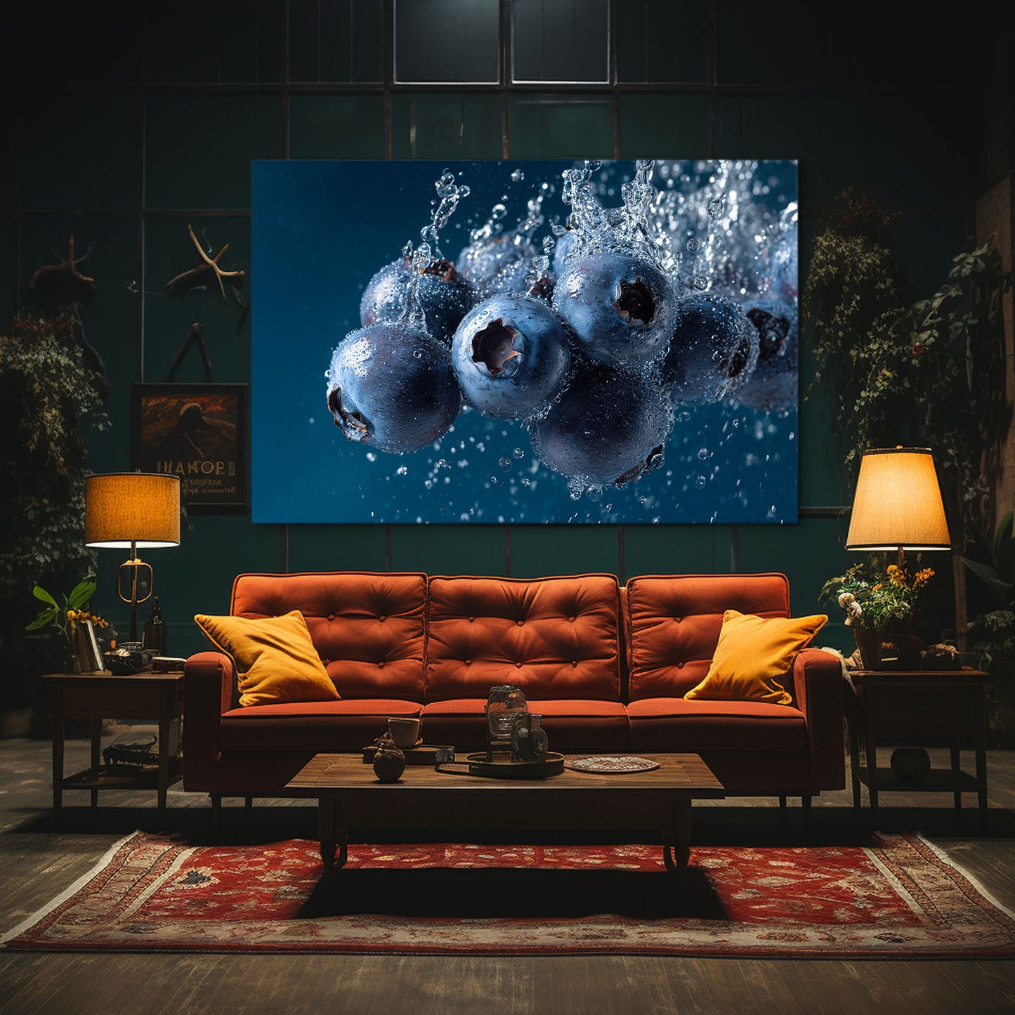 Blueberry Water Splash Fruit Wall Decor – styled in a furnished interior