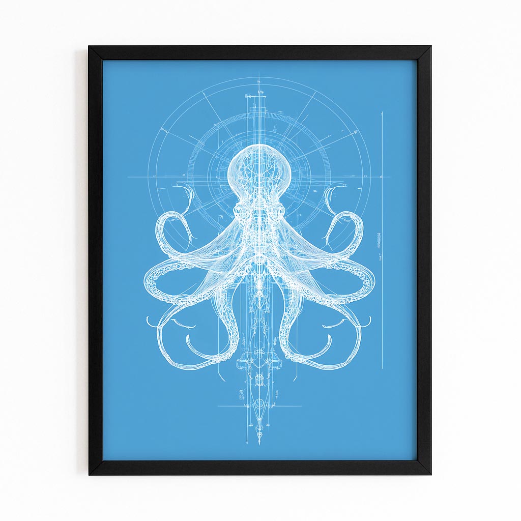 Blueprint Schematic Octopus Prints – with Premium Black frame on white background