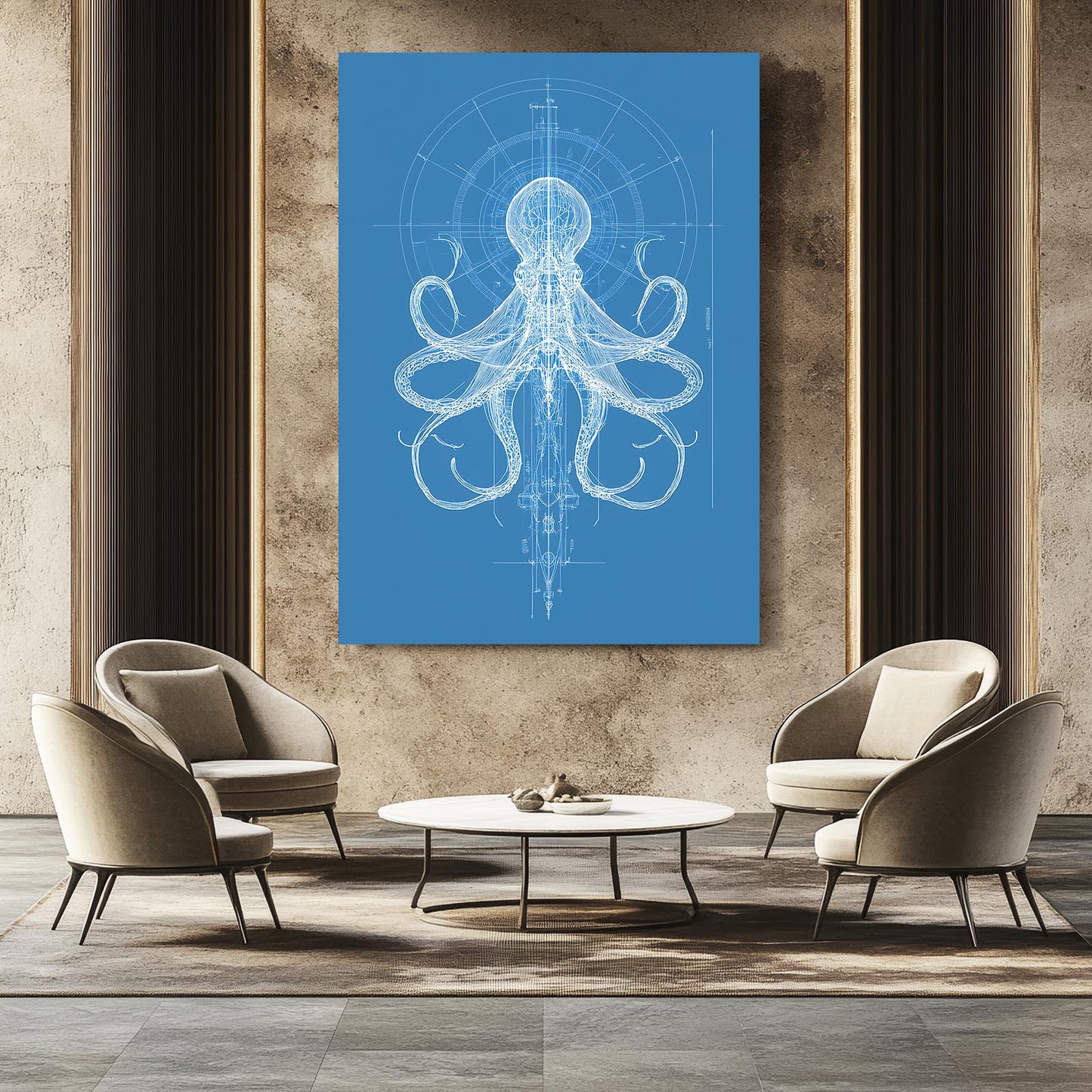 Blueprint Schematic Octopus Prints – styled in a furnished interior