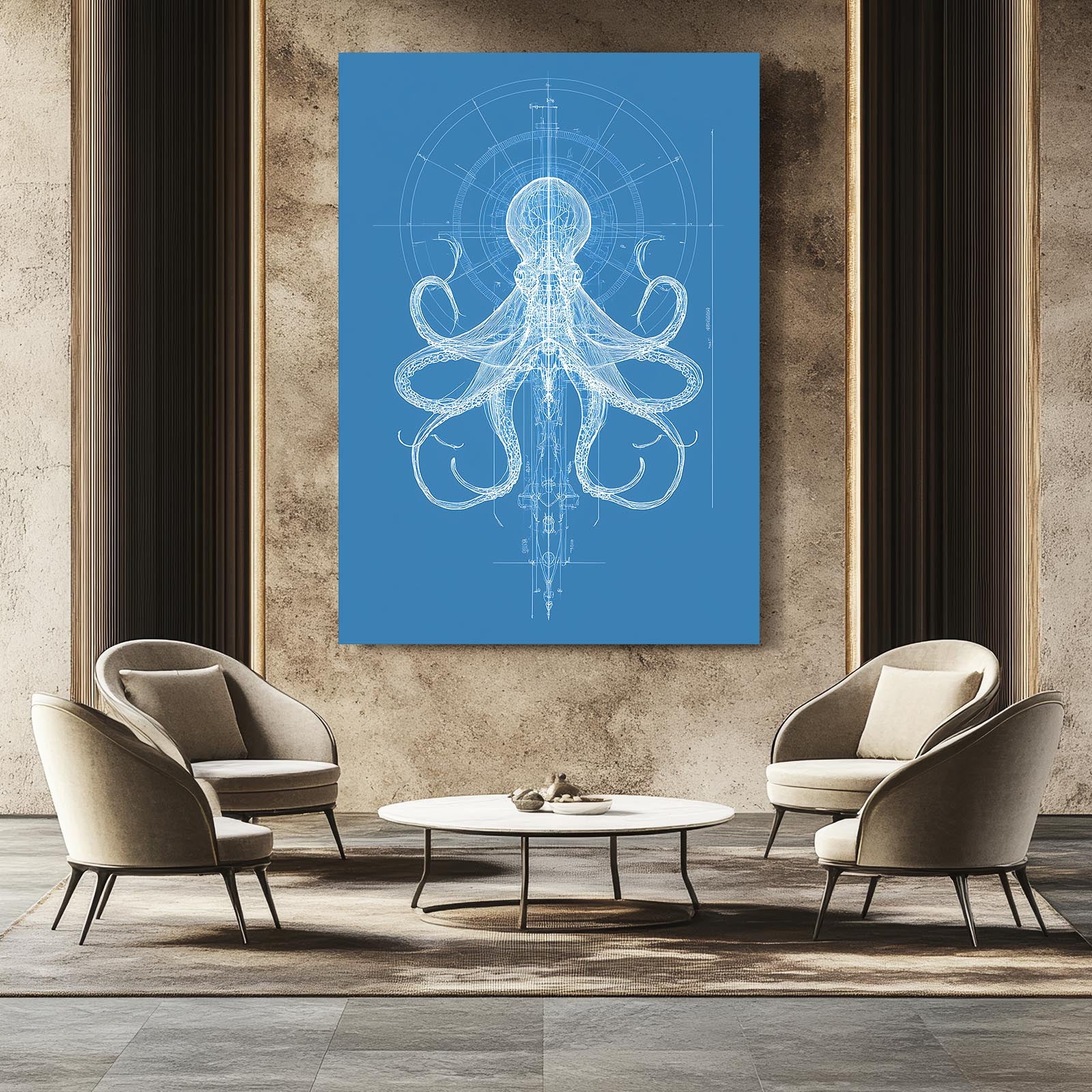 Blueprint Schematic Octopus Prints – styled in a furnished interior