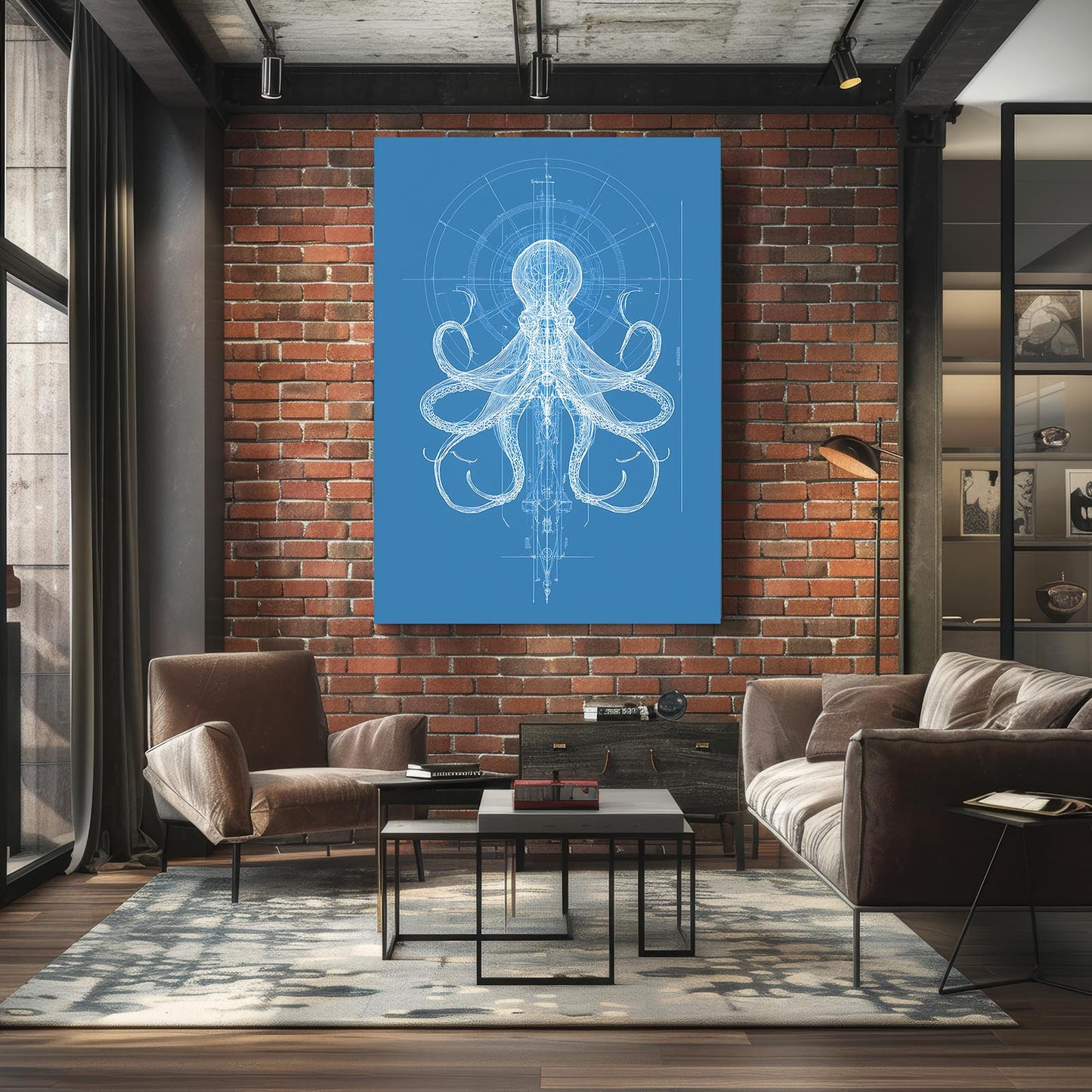 Blueprint Schematic Octopus Prints – styled in a furnished interior
