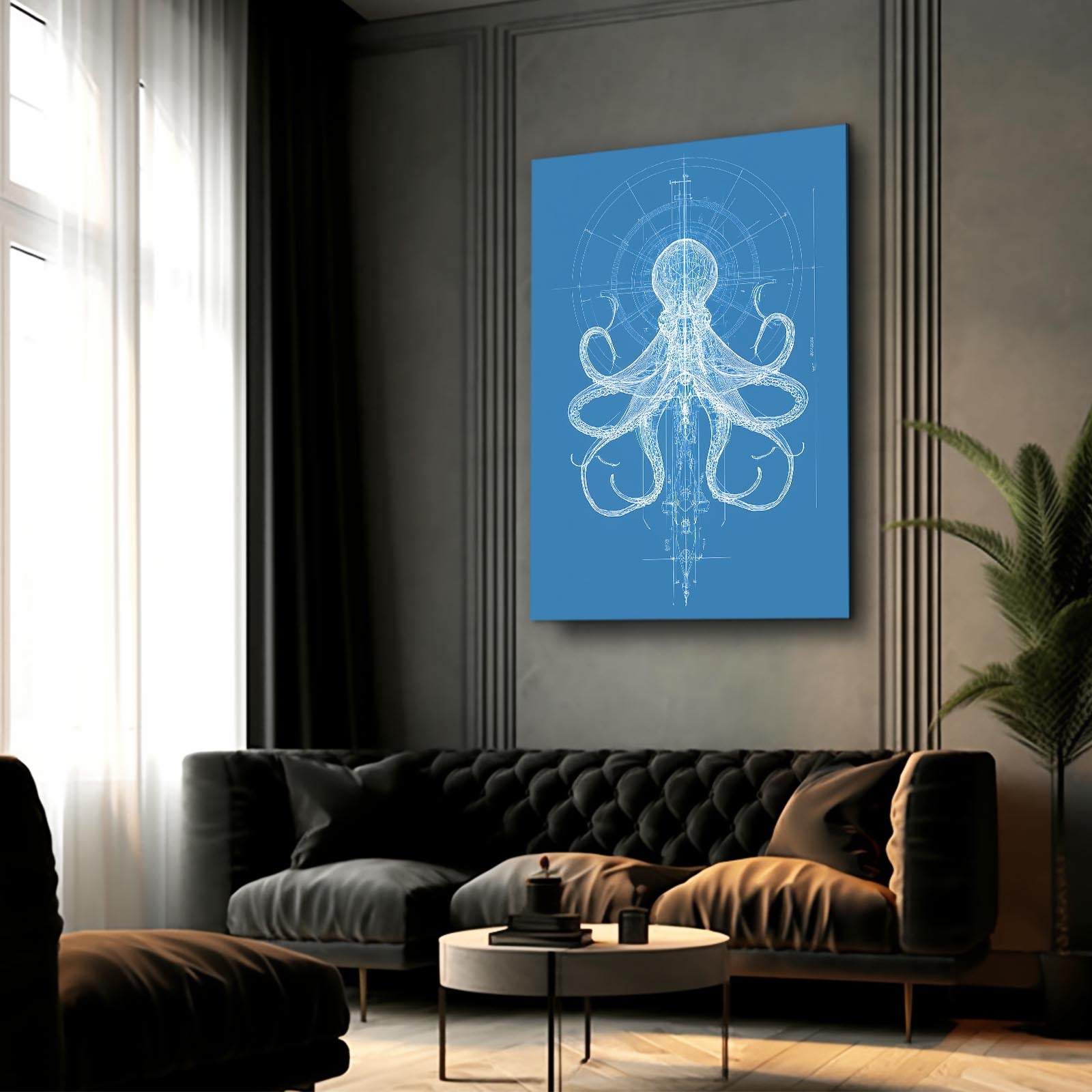 Blueprint Schematic Octopus Prints – styled in a furnished interior