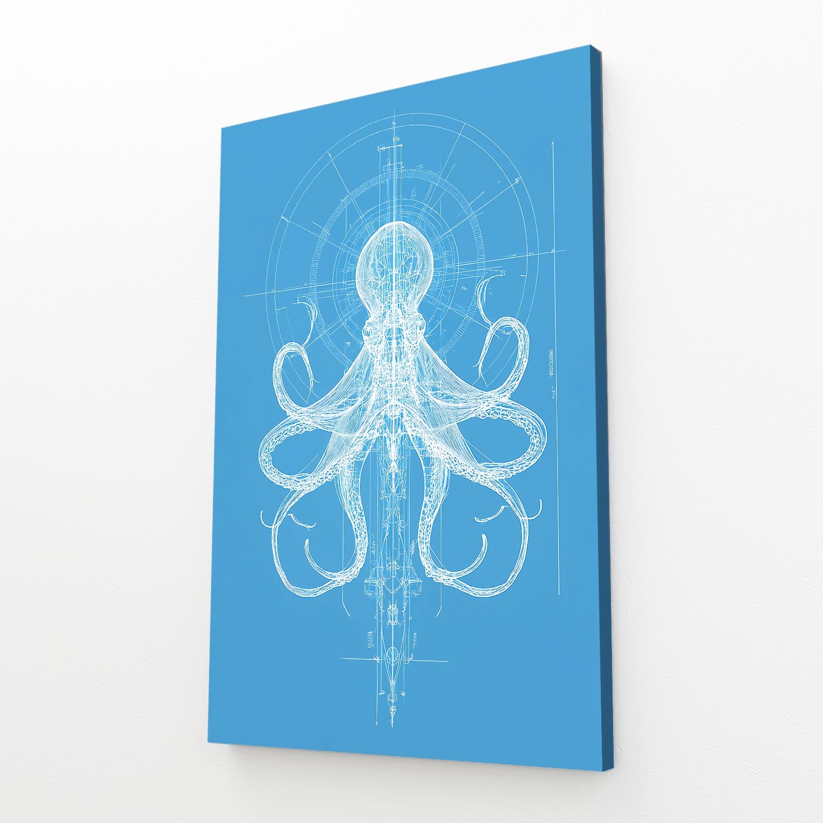 Blueprint Schematic Octopus Prints – angled canvas view on white background