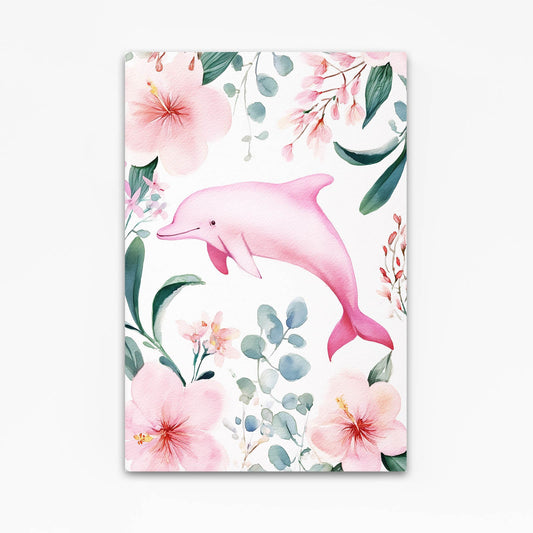 Blush Botanical Dolphin Art – pink dolphin leaping amid blush watercolor-style florals on white
