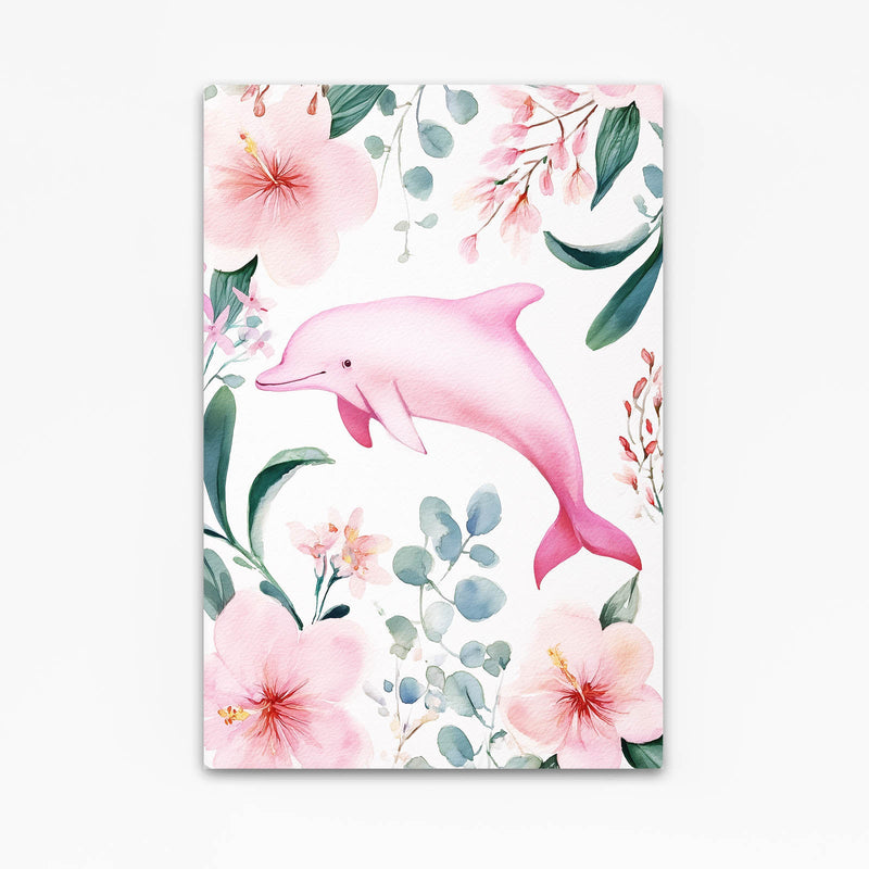 Blush Botanical Dolphin Art – pink dolphin leaping amid blush watercolor-style florals on white