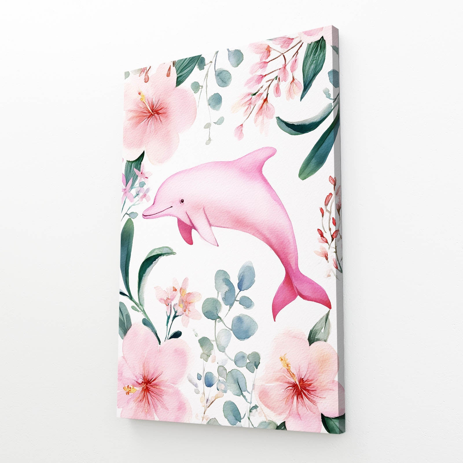 Blush Botanical Dolphin Art – angled canvas view on white background